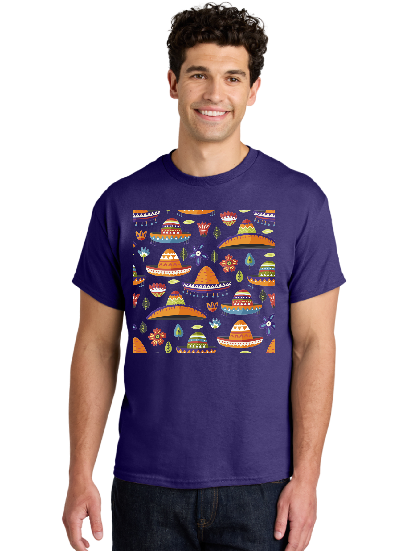 Sombrero-Pattern Men'S Graphic Tee, 100% Cotton, Comfortable Casual Summer Wear, Machine Washable, Colorful Sombreros, Mexican Hats, Floral Patterns, Vibrant Designs, Cultural Heritage, Traditional Attire, Festive Atmosphere, -  Aaa297