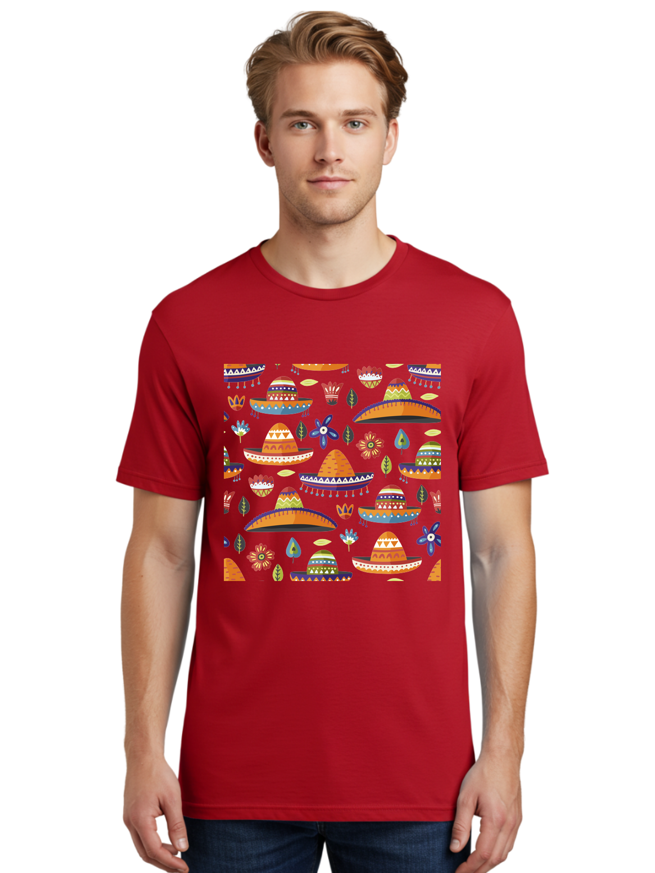 Sombrero-Pattern Men'S Graphic Tee, 100% Cotton, Comfortable Casual Summer Wear, Machine Washable, Colorful Sombreros, Mexican Hats, Floral Patterns, Vibrant Designs, Cultural Heritage, Traditional Attire, Festive Atmosphere, -  Aaa297