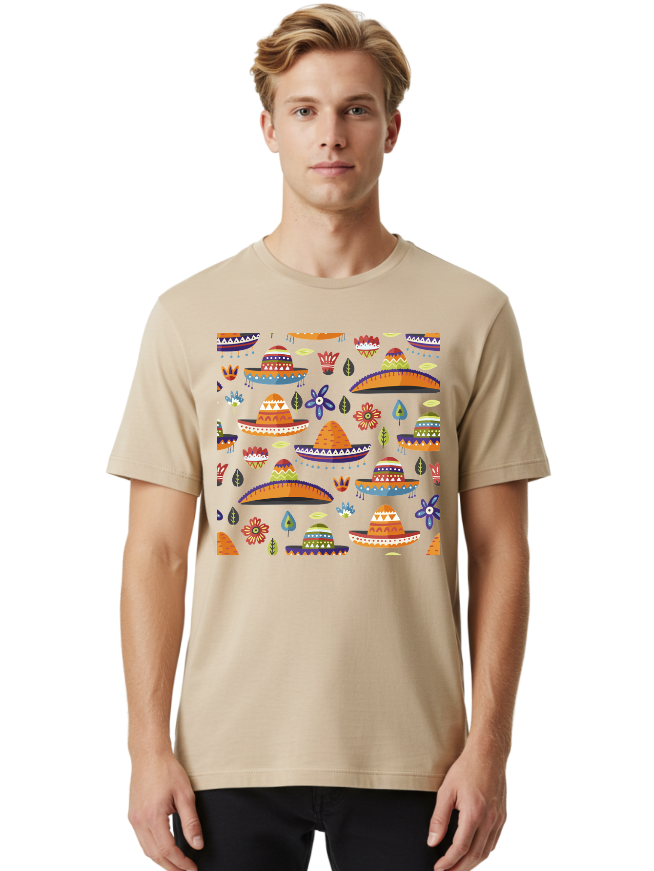 Sombrero-Pattern Men'S Graphic Tee, 100% Cotton, Comfortable Casual Summer Wear, Machine Washable, Colorful Sombreros, Mexican Hats, Floral Patterns, Vibrant Designs, Cultural Heritage, Traditional Attire, Festive Atmosphere, -  Aaa297
