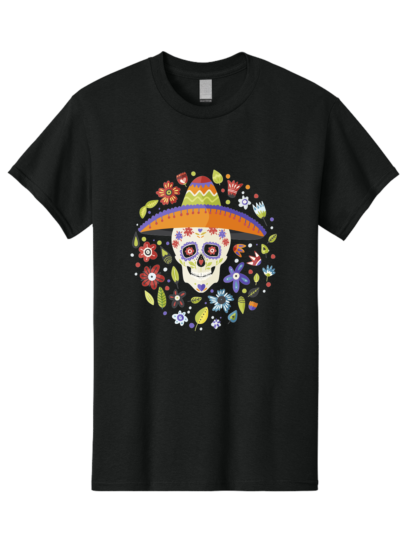 Sugar-Skull-1 Men'S Graphic Tee, 100% Cotton, Comfortable Casual Summer Wear, Machine Washable, Sugar Skull, Dia De Los Muertos, Day Of The Dead, Sombrero, Floral Decorations, Vibrant Colors, Mexican Culture, Festive Atmosphere, -  Aaa298