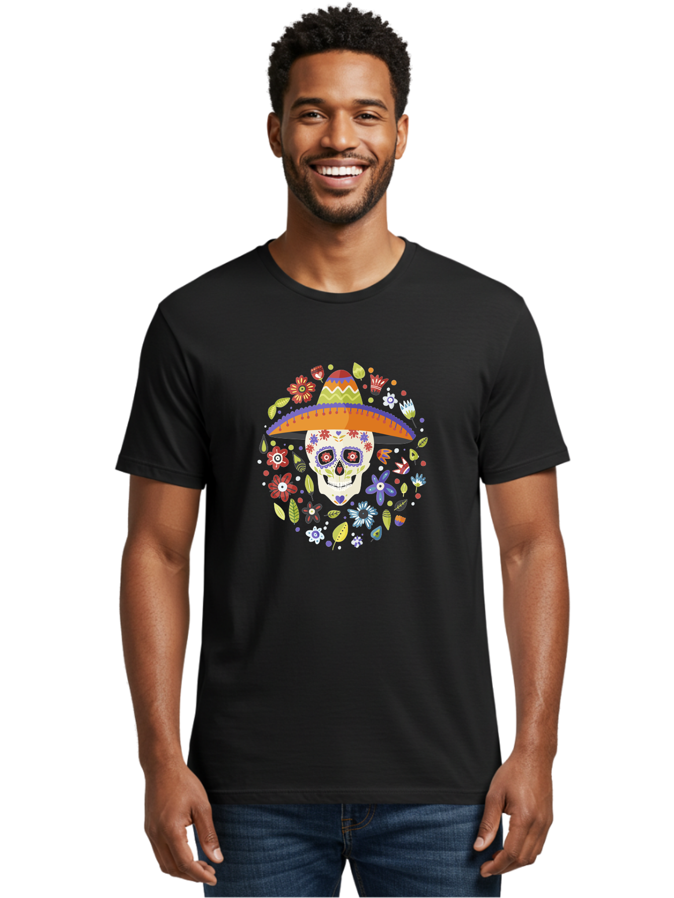 Sugar-Skull-1 Men'S Graphic Tee, 100% Cotton, Comfortable Casual Summer Wear, Machine Washable, Sugar Skull, Dia De Los Muertos, Day Of The Dead, Sombrero, Floral Decorations, Vibrant Colors, Mexican Culture, Festive Atmosphere, -  Aaa298