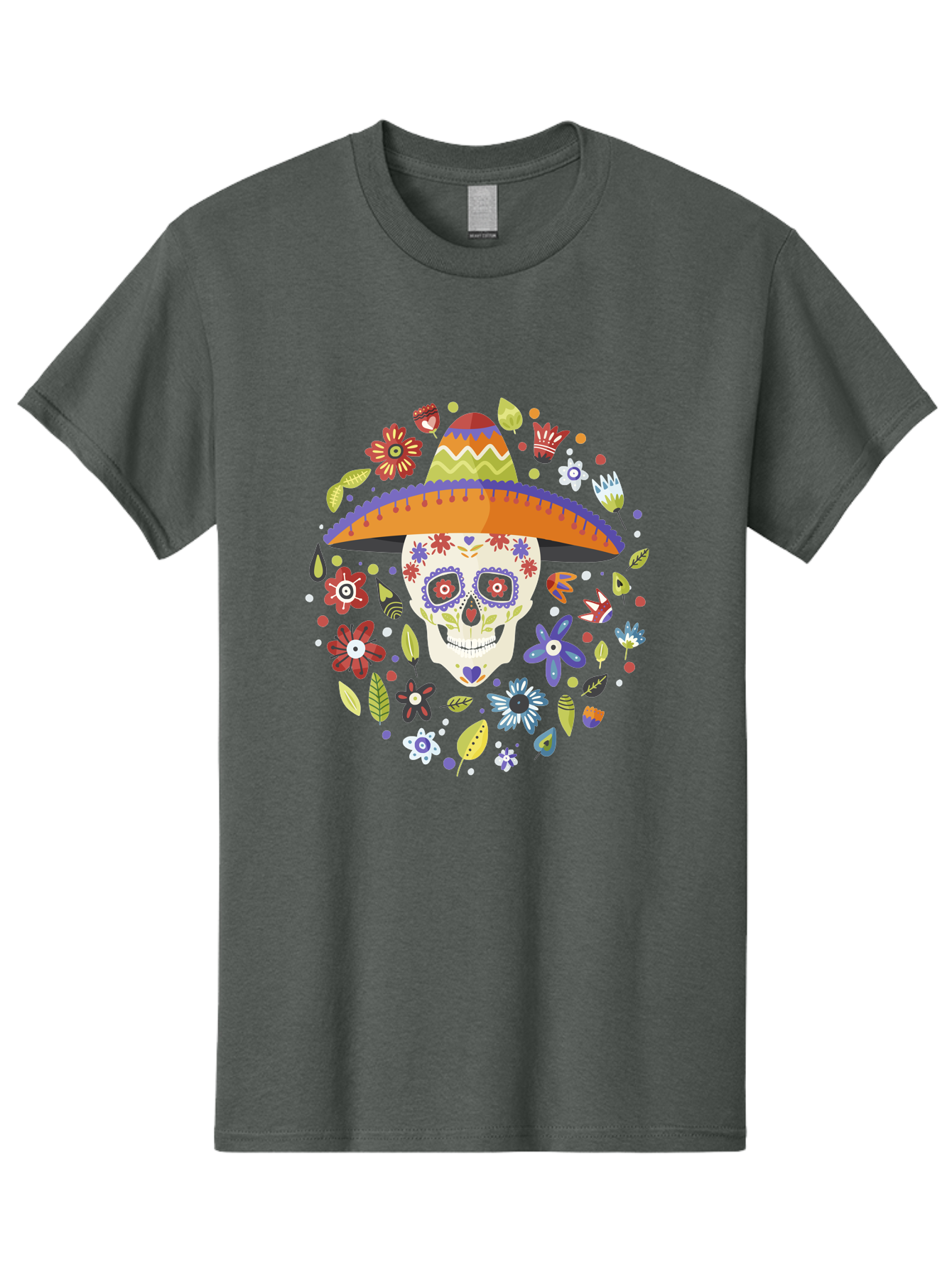 Sugar-Skull-1 Men'S Graphic Tee, 100% Cotton, Comfortable Casual Summer Wear, Machine Washable, Sugar Skull, Dia De Los Muertos, Day Of The Dead, Sombrero, Floral Decorations, Vibrant Colors, Mexican Culture, Festive Atmosphere, -  Aaa298
