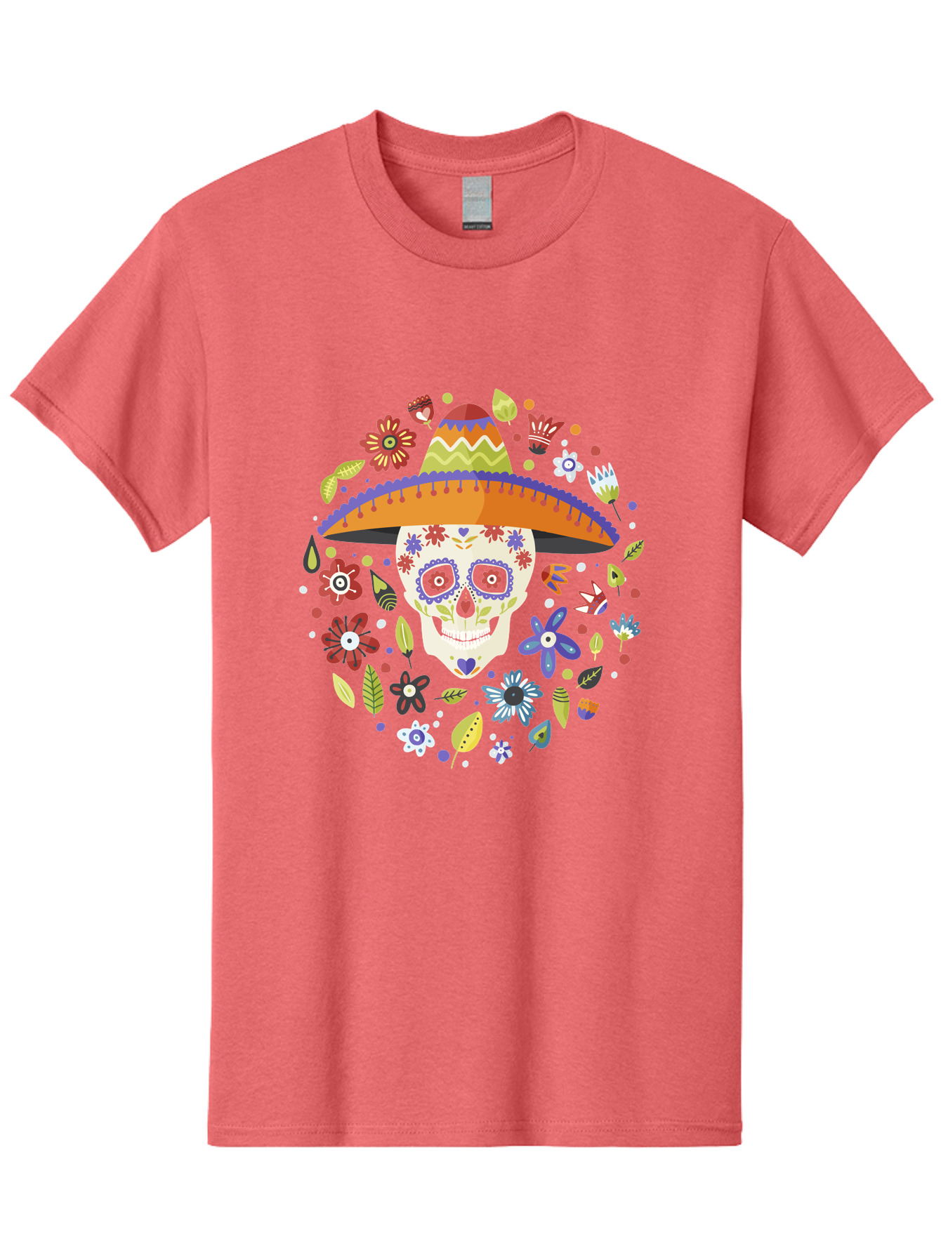 Sugar-Skull-1 Men'S Graphic Tee, 100% Cotton, Comfortable Casual Summer Wear, Machine Washable, Sugar Skull, Dia De Los Muertos, Day Of The Dead, Sombrero, Floral Decorations, Vibrant Colors, Mexican Culture, Festive Atmosphere, -  Aaa298