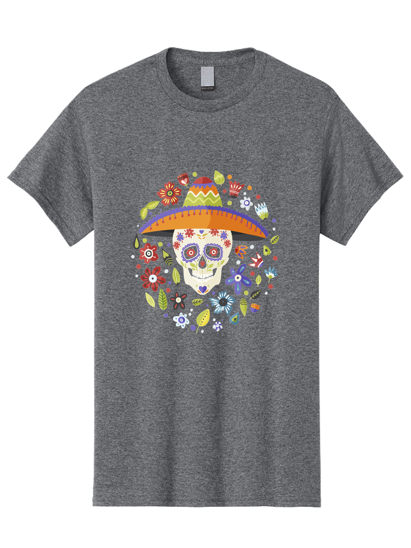 Sugar-Skull-1 Men'S Graphic Tee, 100% Cotton, Comfortable Casual Summer Wear, Machine Washable, Sugar Skull, Dia De Los Muertos, Day Of The Dead, Sombrero, Floral Decorations, Vibrant Colors, Mexican Culture, Festive Atmosphere, -  Aaa298