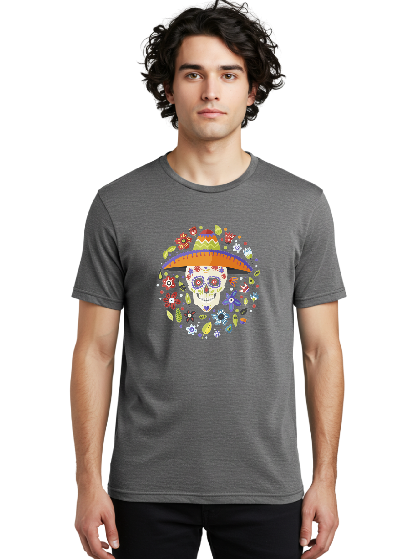Sugar-Skull-1 Men'S Graphic Tee, 100% Cotton, Comfortable Casual Summer Wear, Machine Washable, Sugar Skull, Dia De Los Muertos, Day Of The Dead, Sombrero, Floral Decorations, Vibrant Colors, Mexican Culture, Festive Atmosphere, -  Aaa298