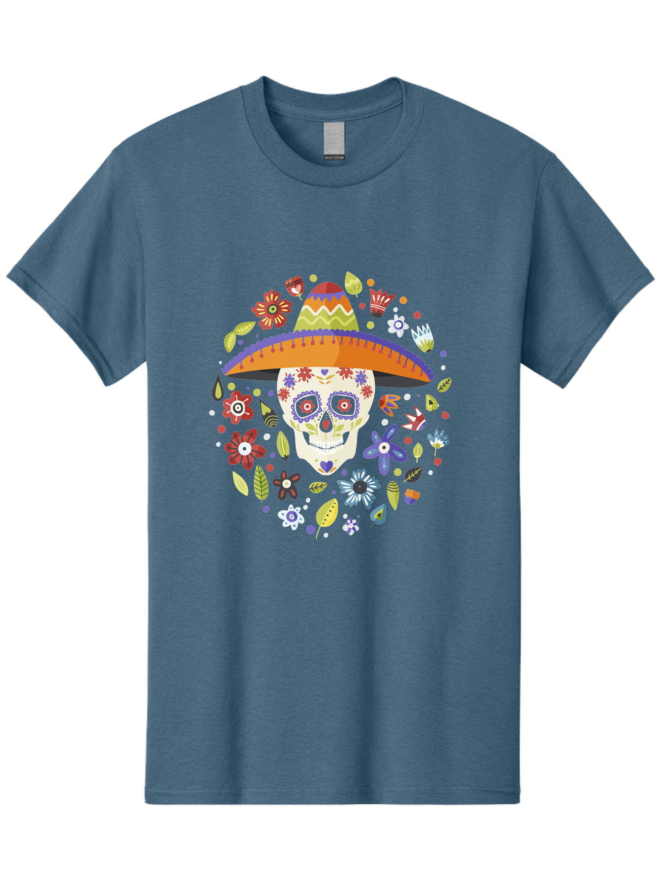 Sugar-Skull-1 Men'S Graphic Tee, 100% Cotton, Comfortable Casual Summer Wear, Machine Washable, Sugar Skull, Dia De Los Muertos, Day Of The Dead, Sombrero, Floral Decorations, Vibrant Colors, Mexican Culture, Festive Atmosphere, -  Aaa298