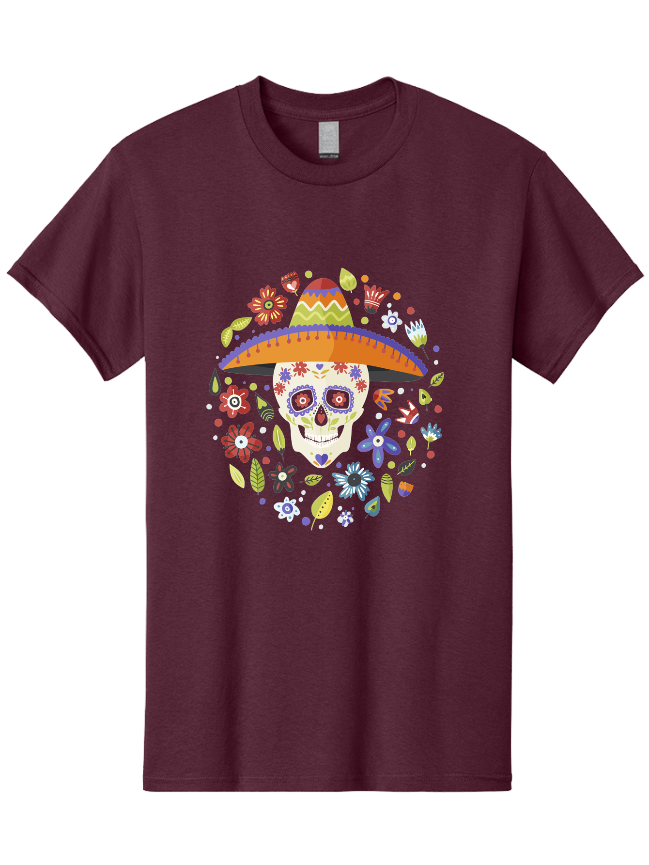 Sugar-Skull-1 Men'S Graphic Tee, 100% Cotton, Comfortable Casual Summer Wear, Machine Washable, Sugar Skull, Dia De Los Muertos, Day Of The Dead, Sombrero, Floral Decorations, Vibrant Colors, Mexican Culture, Festive Atmosphere, -  Aaa298