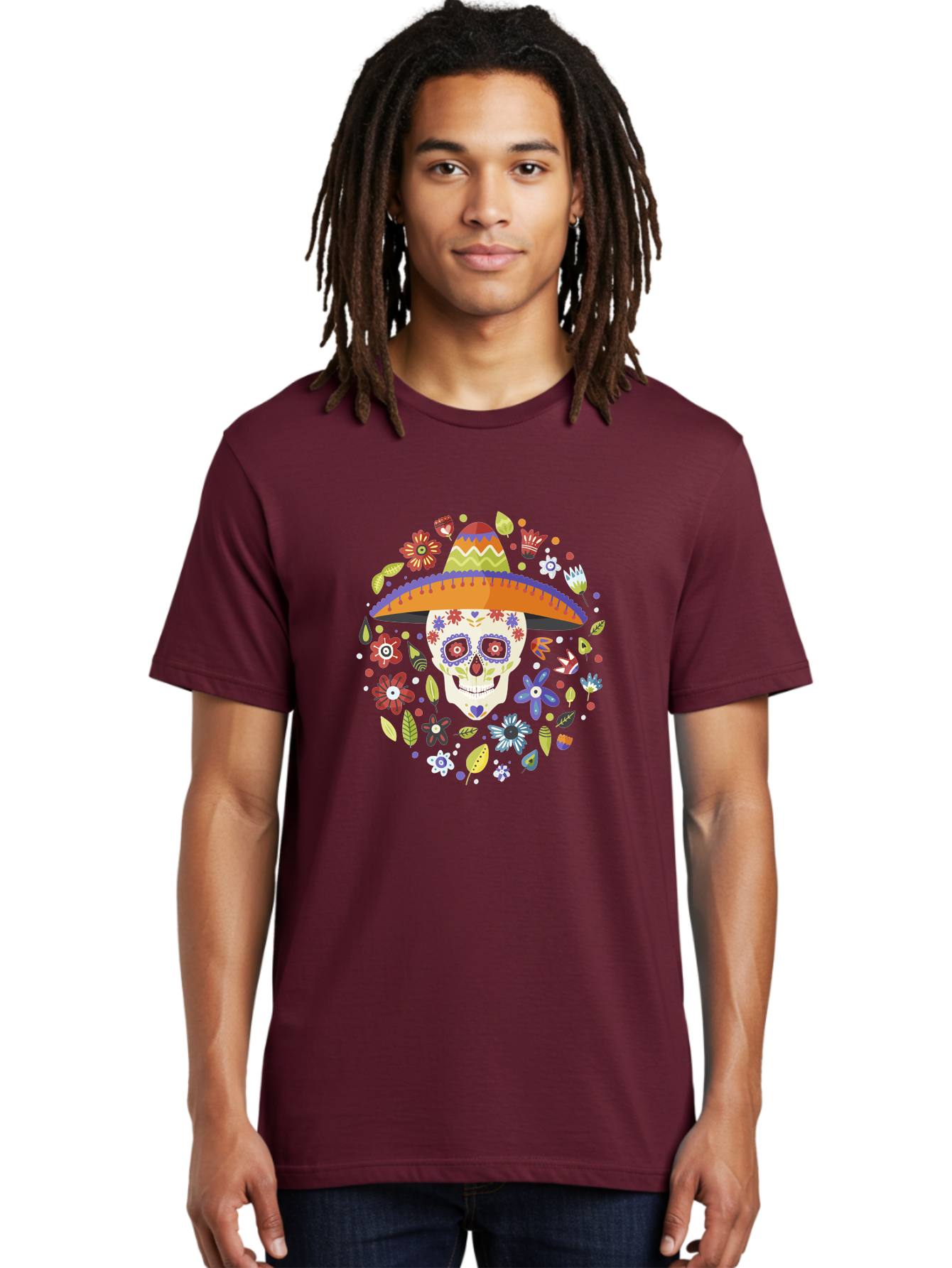 Sugar-Skull-1 Men'S Graphic Tee, 100% Cotton, Comfortable Casual Summer Wear, Machine Washable, Sugar Skull, Dia De Los Muertos, Day Of The Dead, Sombrero, Floral Decorations, Vibrant Colors, Mexican Culture, Festive Atmosphere, -  Aaa298