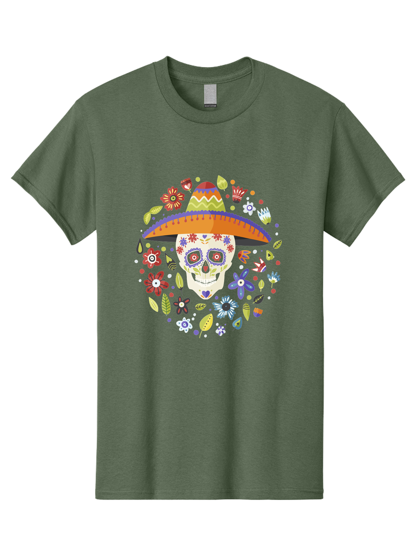 Sugar-Skull-1 Men'S Graphic Tee, 100% Cotton, Comfortable Casual Summer Wear, Machine Washable, Sugar Skull, Dia De Los Muertos, Day Of The Dead, Sombrero, Floral Decorations, Vibrant Colors, Mexican Culture, Festive Atmosphere, -  Aaa298