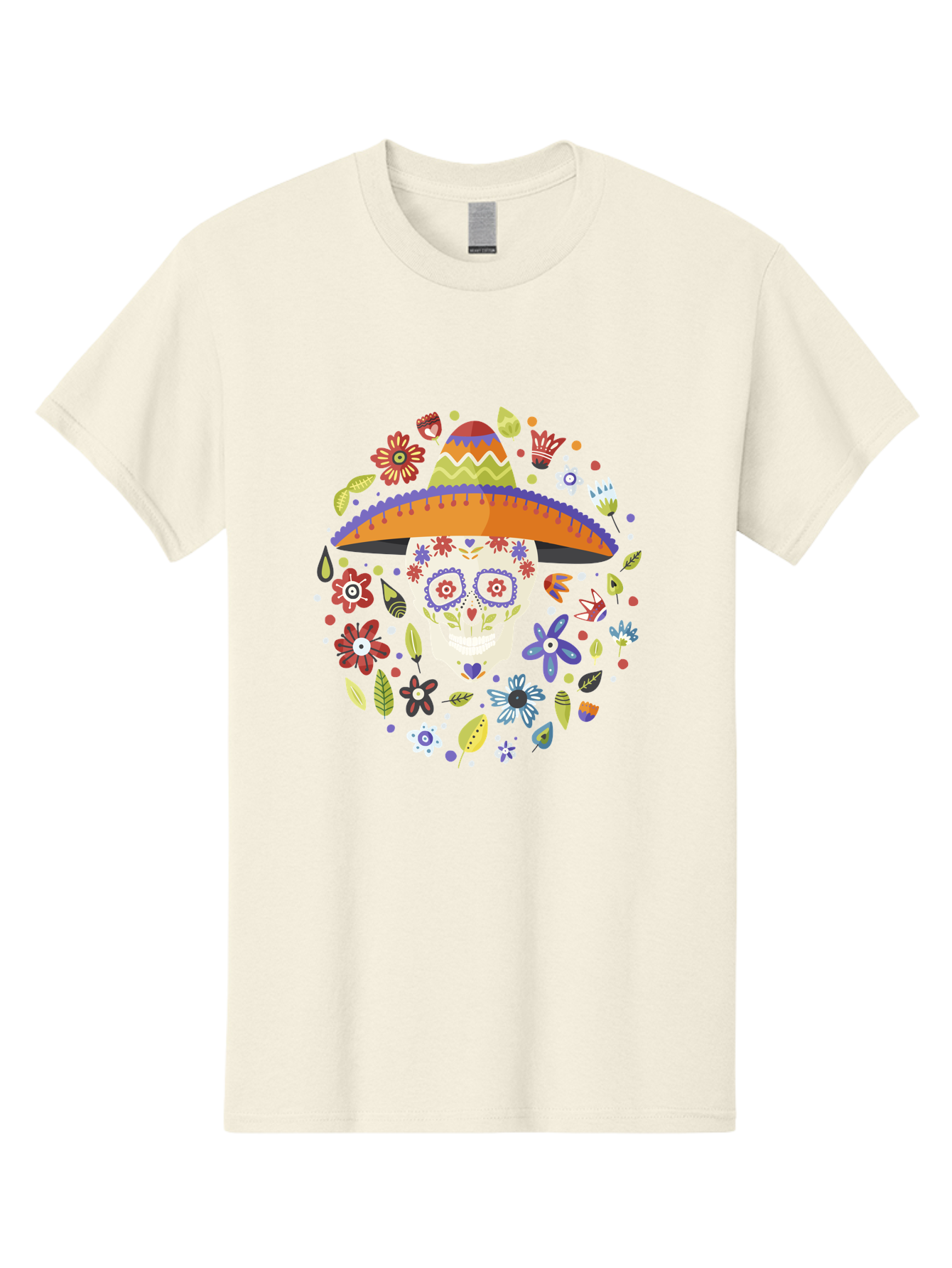 Sugar-Skull-1 Men'S Graphic Tee, 100% Cotton, Comfortable Casual Summer Wear, Machine Washable, Sugar Skull, Dia De Los Muertos, Day Of The Dead, Sombrero, Floral Decorations, Vibrant Colors, Mexican Culture, Festive Atmosphere, -  Aaa298