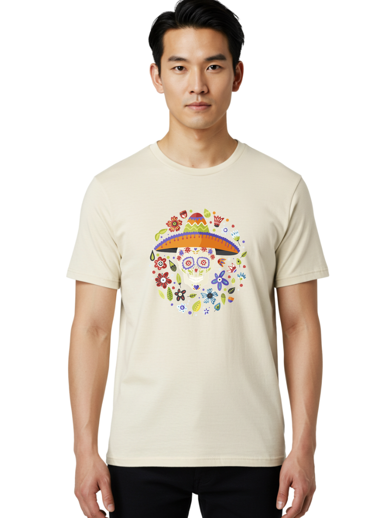 Sugar-Skull-1 Men'S Graphic Tee, 100% Cotton, Comfortable Casual Summer Wear, Machine Washable, Sugar Skull, Dia De Los Muertos, Day Of The Dead, Sombrero, Floral Decorations, Vibrant Colors, Mexican Culture, Festive Atmosphere, -  Aaa298