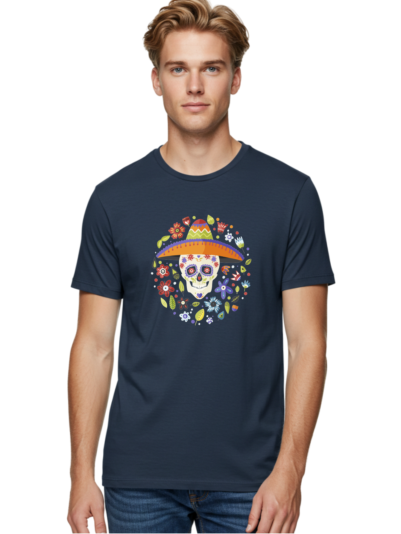 Sugar-Skull-1 Men'S Graphic Tee, 100% Cotton, Comfortable Casual Summer Wear, Machine Washable, Sugar Skull, Dia De Los Muertos, Day Of The Dead, Sombrero, Floral Decorations, Vibrant Colors, Mexican Culture, Festive Atmosphere, -  Aaa298