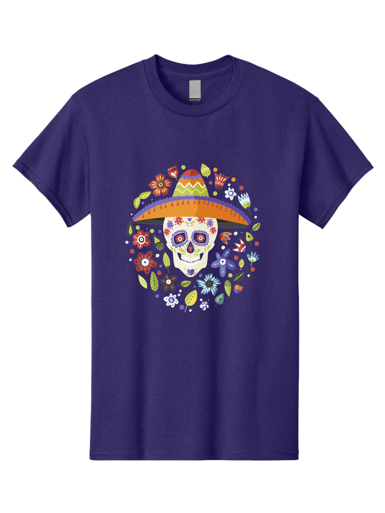 Sugar-Skull-1 Men'S Graphic Tee, 100% Cotton, Comfortable Casual Summer Wear, Machine Washable, Sugar Skull, Dia De Los Muertos, Day Of The Dead, Sombrero, Floral Decorations, Vibrant Colors, Mexican Culture, Festive Atmosphere, -  Aaa298