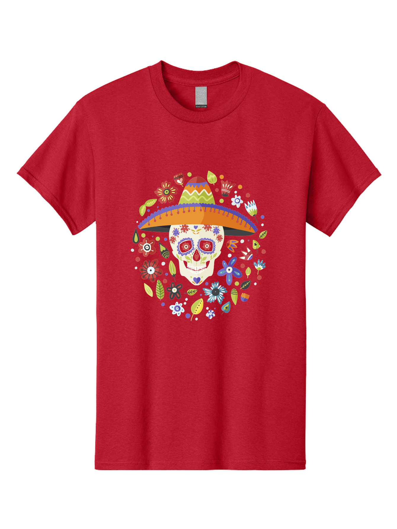 Sugar-Skull-1 Men'S Graphic Tee, 100% Cotton, Comfortable Casual Summer Wear, Machine Washable, Sugar Skull, Dia De Los Muertos, Day Of The Dead, Sombrero, Floral Decorations, Vibrant Colors, Mexican Culture, Festive Atmosphere, -  Aaa298