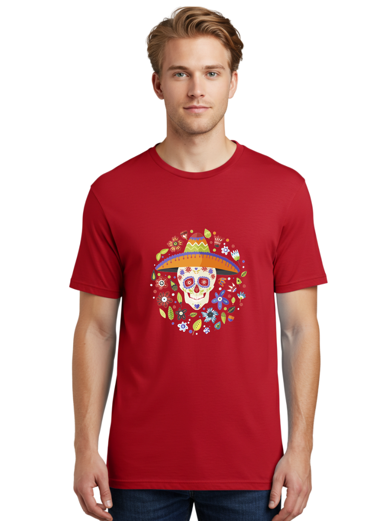 Sugar-Skull-1 Men'S Graphic Tee, 100% Cotton, Comfortable Casual Summer Wear, Machine Washable, Sugar Skull, Dia De Los Muertos, Day Of The Dead, Sombrero, Floral Decorations, Vibrant Colors, Mexican Culture, Festive Atmosphere, -  Aaa298