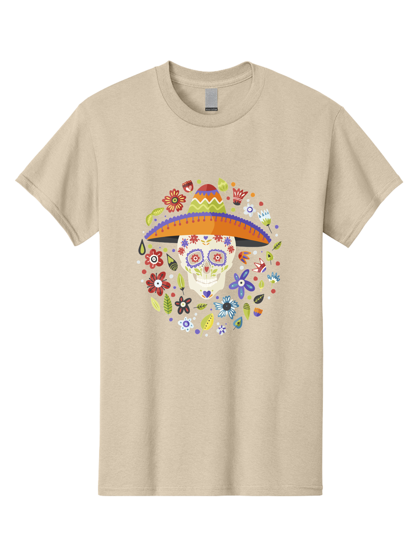 Sugar-Skull-1 Men'S Graphic Tee, 100% Cotton, Comfortable Casual Summer Wear, Machine Washable, Sugar Skull, Dia De Los Muertos, Day Of The Dead, Sombrero, Floral Decorations, Vibrant Colors, Mexican Culture, Festive Atmosphere, -  Aaa298