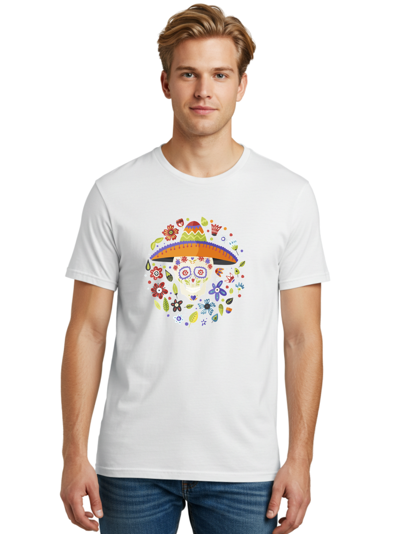Sugar-Skull-1 Men'S Graphic Tee, 100% Cotton, Comfortable Casual Summer Wear, Machine Washable, Sugar Skull, Dia De Los Muertos, Day Of The Dead, Sombrero, Floral Decorations, Vibrant Colors, Mexican Culture, Festive Atmosphere, -  Aaa298