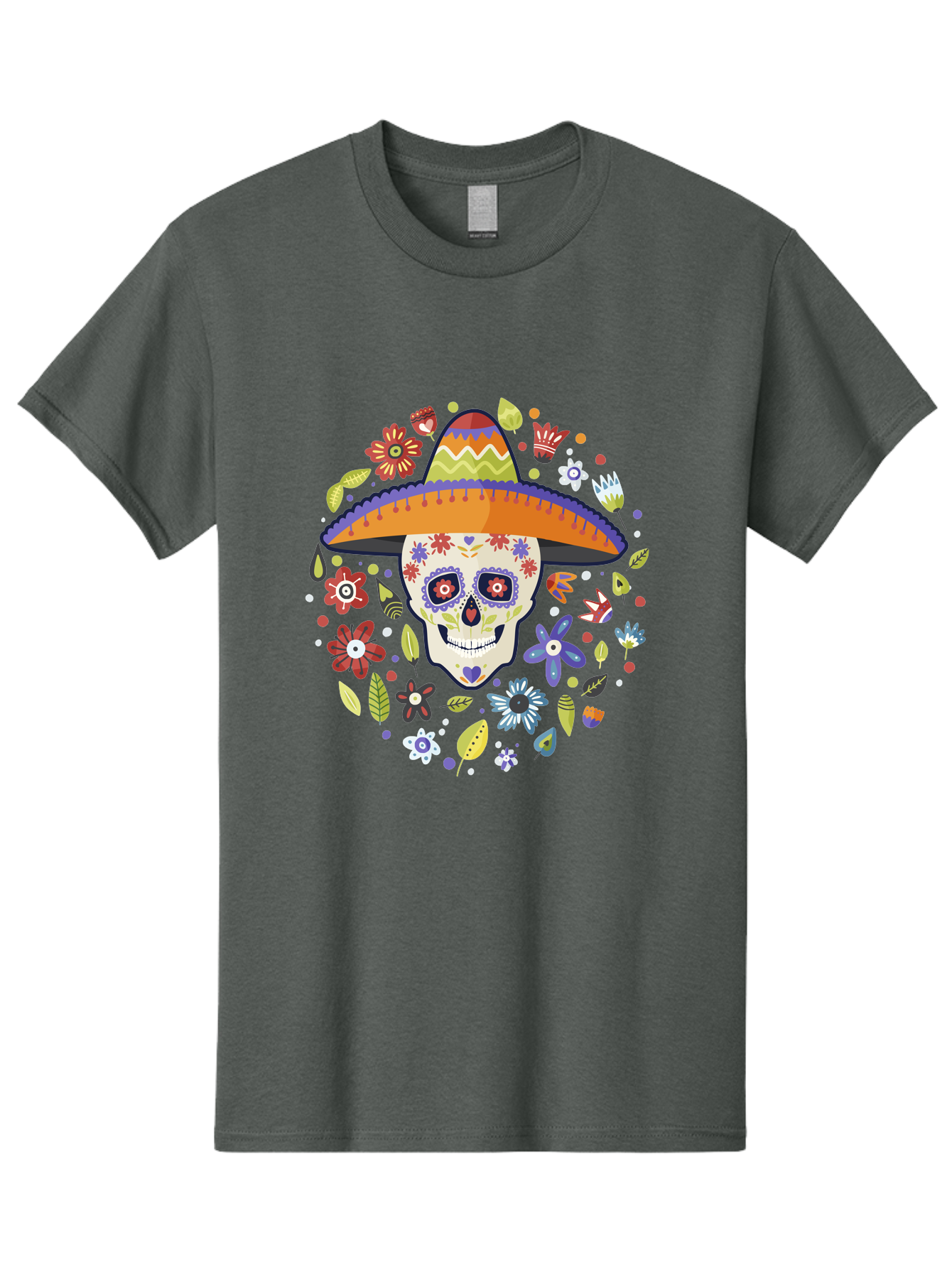 Sugar-Skull Men'S Graphic Tee, 100% Cotton, Comfortable Casual Summer Wear, Machine Washable, Sugar Skull, Day Of The Dead, Dia De Los Muertos, Mexican Culture, Colorful Flowers, Sombrero Hat, Floral Decorations, Vibrant Colors, -  Aaa299