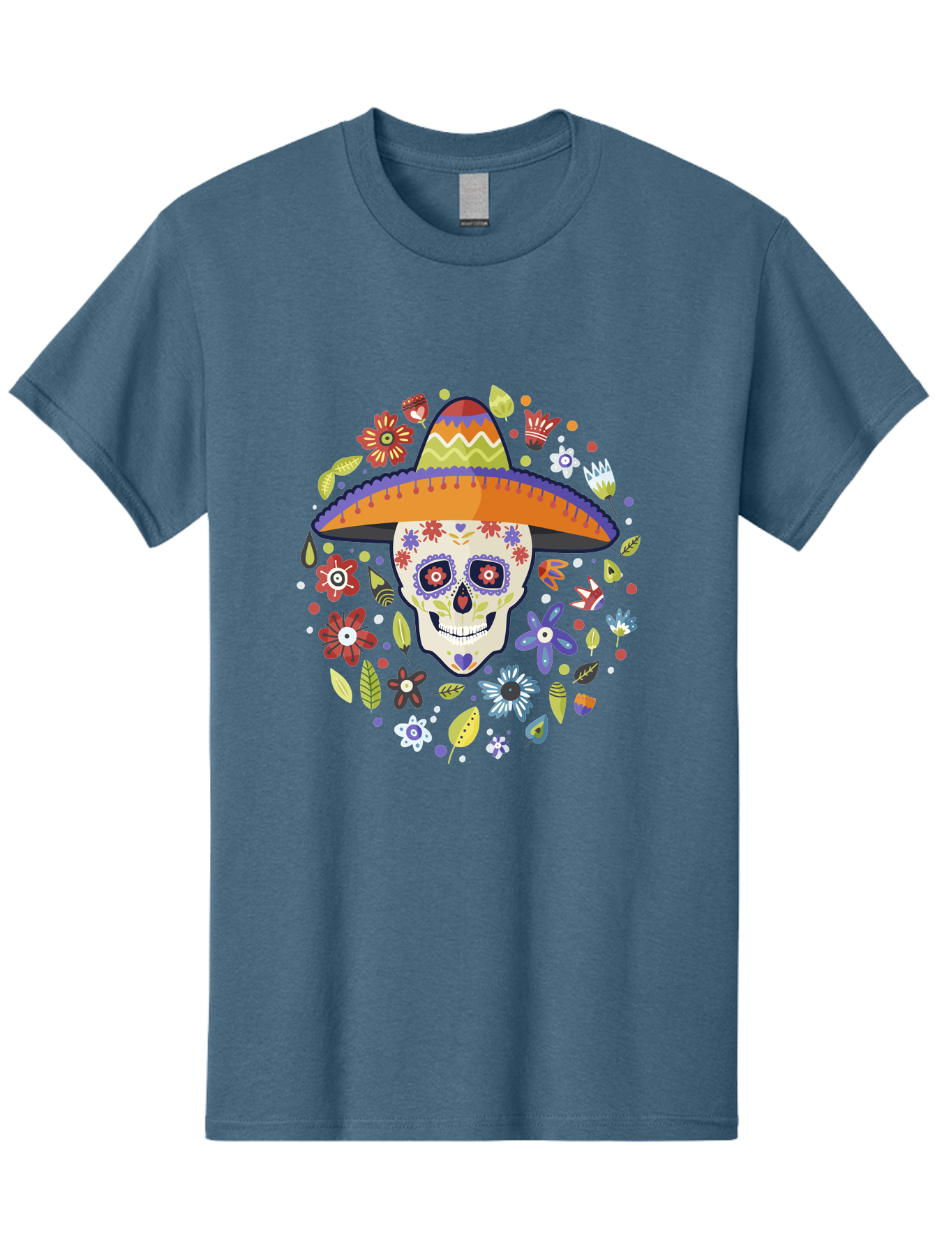 Sugar-Skull Men'S Graphic Tee, 100% Cotton, Comfortable Casual Summer Wear, Machine Washable, Sugar Skull, Day Of The Dead, Dia De Los Muertos, Mexican Culture, Colorful Flowers, Sombrero Hat, Floral Decorations, Vibrant Colors, -  Aaa299