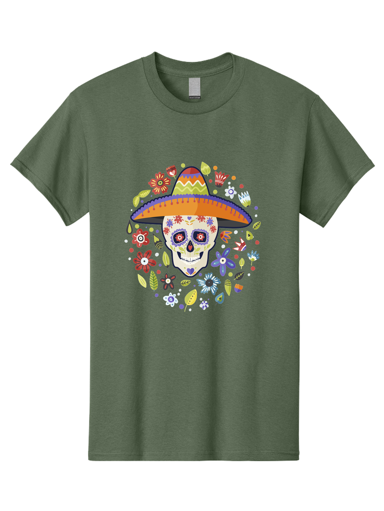 Sugar-Skull Men'S Graphic Tee, 100% Cotton, Comfortable Casual Summer Wear, Machine Washable, Sugar Skull, Day Of The Dead, Dia De Los Muertos, Mexican Culture, Colorful Flowers, Sombrero Hat, Floral Decorations, Vibrant Colors, -  Aaa299