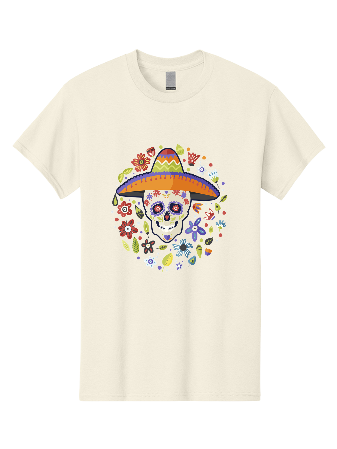 Sugar-Skull Men'S Graphic Tee, 100% Cotton, Comfortable Casual Summer Wear, Machine Washable, Sugar Skull, Day Of The Dead, Dia De Los Muertos, Mexican Culture, Colorful Flowers, Sombrero Hat, Floral Decorations, Vibrant Colors, -  Aaa299