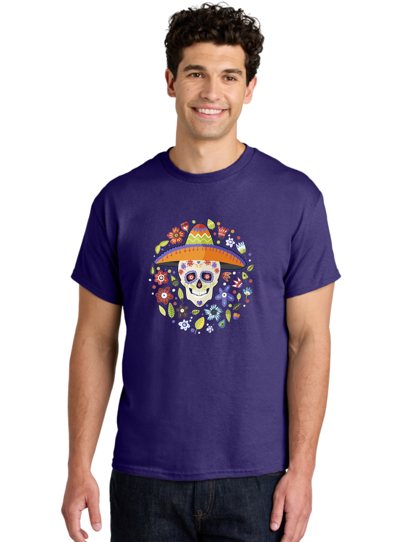 Sugar-Skull Men'S Graphic Tee, 100% Cotton, Comfortable Casual Summer Wear, Machine Washable, Sugar Skull, Day Of The Dead, Dia De Los Muertos, Mexican Culture, Colorful Flowers, Sombrero Hat, Floral Decorations, Vibrant Colors, -  Aaa299