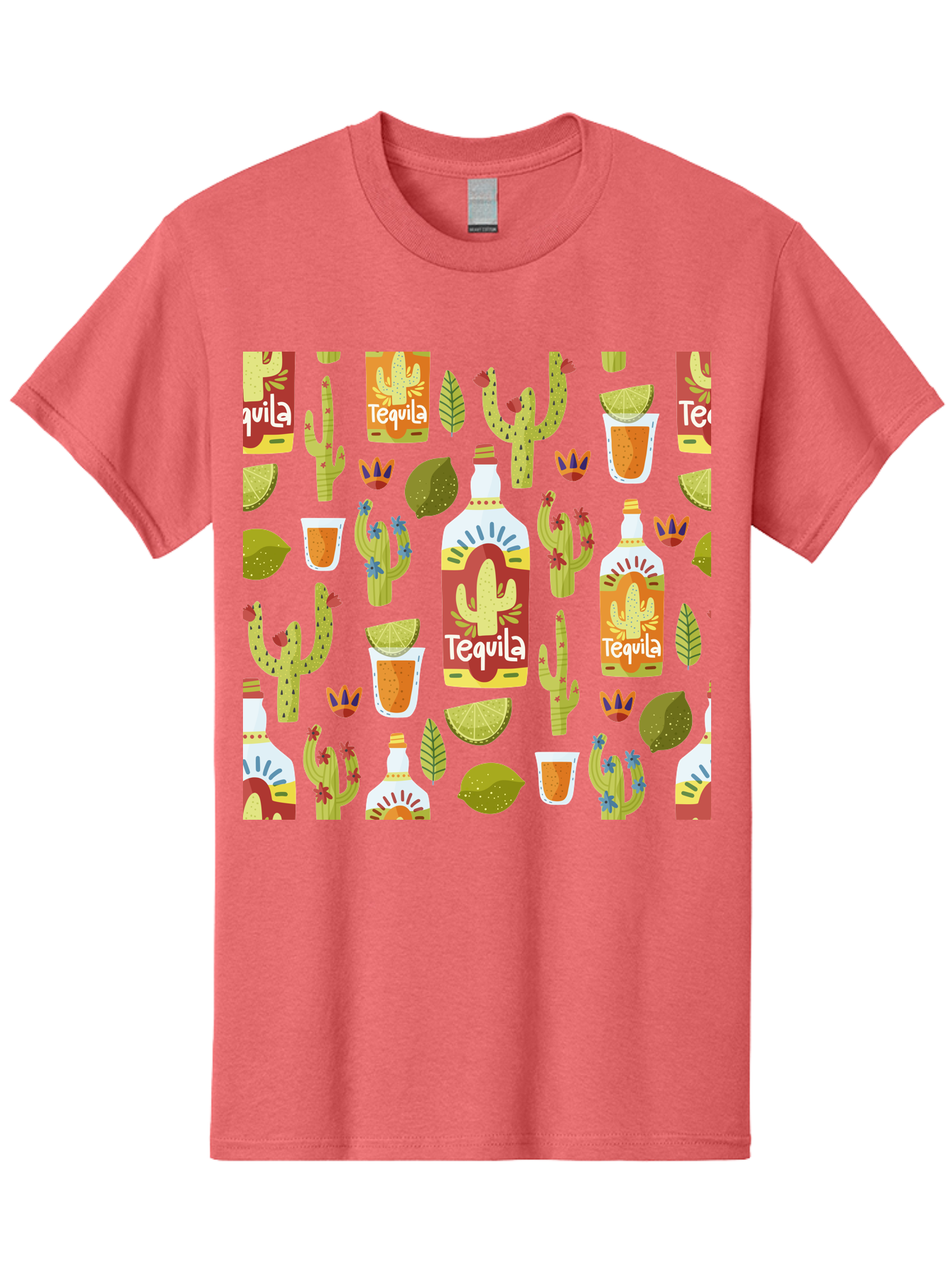 Tequila Men'S Graphic Tee, 100% Cotton, Comfortable Casual Summer Wear, Machine Washable, Tequila Bottles, Cacti Plants, Citrus Fruits, Margarita Glasses, Mexican Drinks, Festive Patterns, Vibrant Designs, Party Themes, -  Aaa304