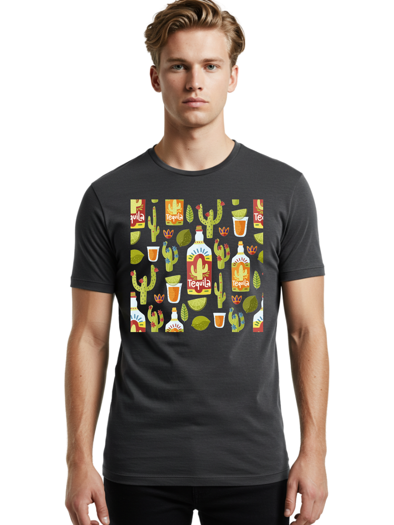 Tequila Men'S Graphic Tee, 100% Cotton, Comfortable Casual Summer Wear, Machine Washable, Tequila Bottles, Cacti Plants, Citrus Fruits, Margarita Glasses, Mexican Drinks, Festive Patterns, Vibrant Designs, Party Themes, -  Aaa304