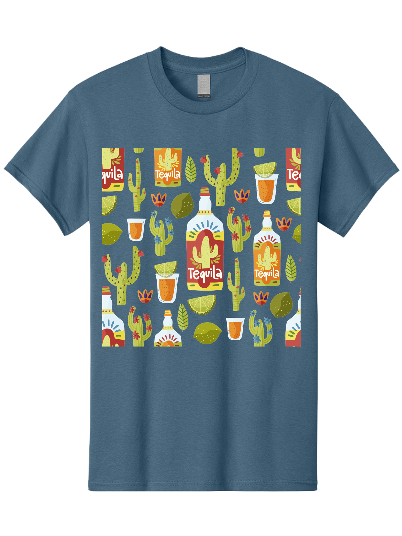 Tequila Men'S Graphic Tee, 100% Cotton, Comfortable Casual Summer Wear, Machine Washable, Tequila Bottles, Cacti Plants, Citrus Fruits, Margarita Glasses, Mexican Drinks, Festive Patterns, Vibrant Designs, Party Themes, -  Aaa304