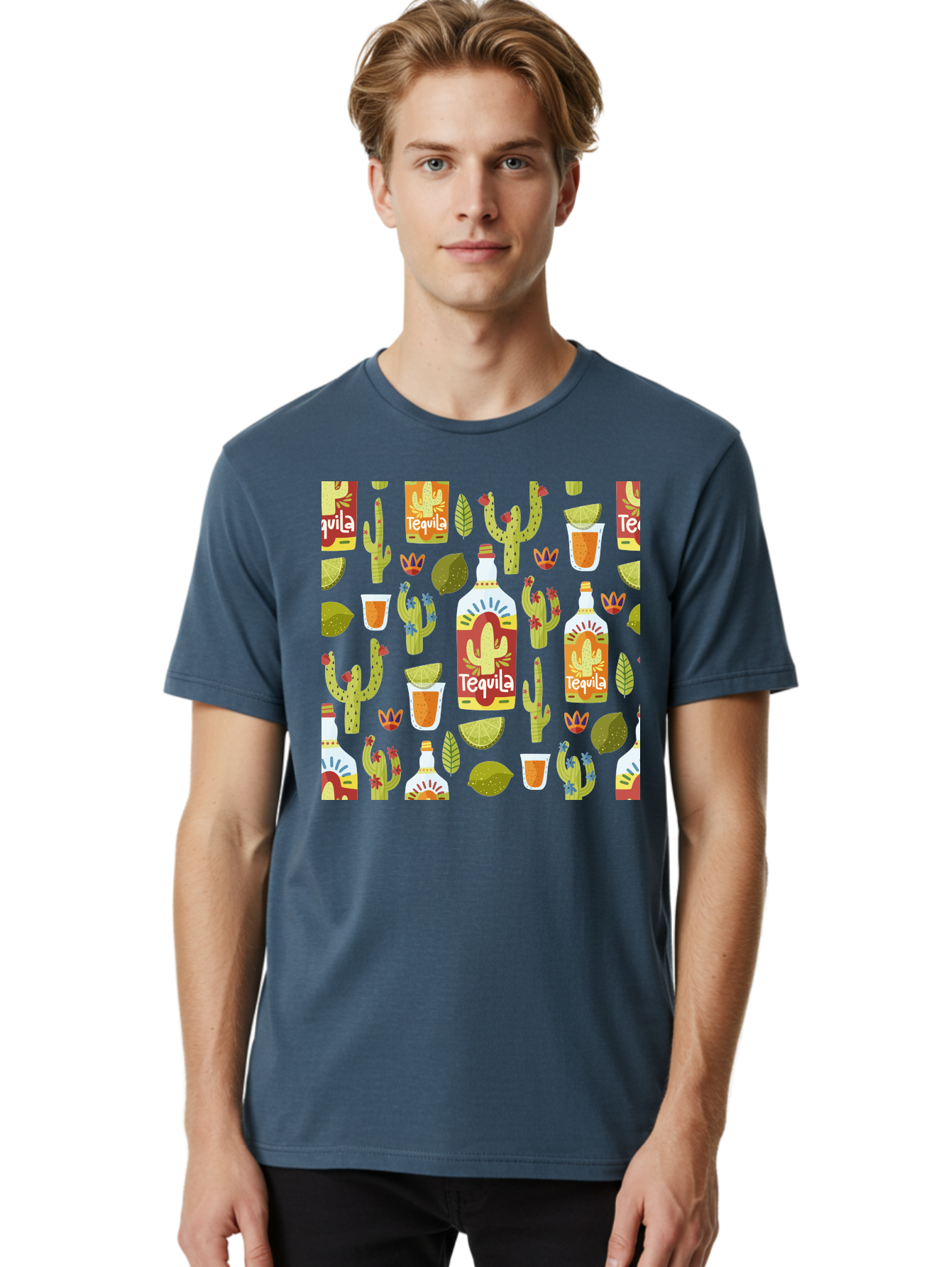 Tequila Men'S Graphic Tee, 100% Cotton, Comfortable Casual Summer Wear, Machine Washable, Tequila Bottles, Cacti Plants, Citrus Fruits, Margarita Glasses, Mexican Drinks, Festive Patterns, Vibrant Designs, Party Themes, -  Aaa304
