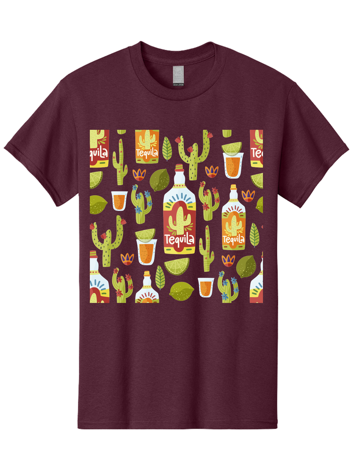 Tequila Men'S Graphic Tee, 100% Cotton, Comfortable Casual Summer Wear, Machine Washable, Tequila Bottles, Cacti Plants, Citrus Fruits, Margarita Glasses, Mexican Drinks, Festive Patterns, Vibrant Designs, Party Themes, -  Aaa304