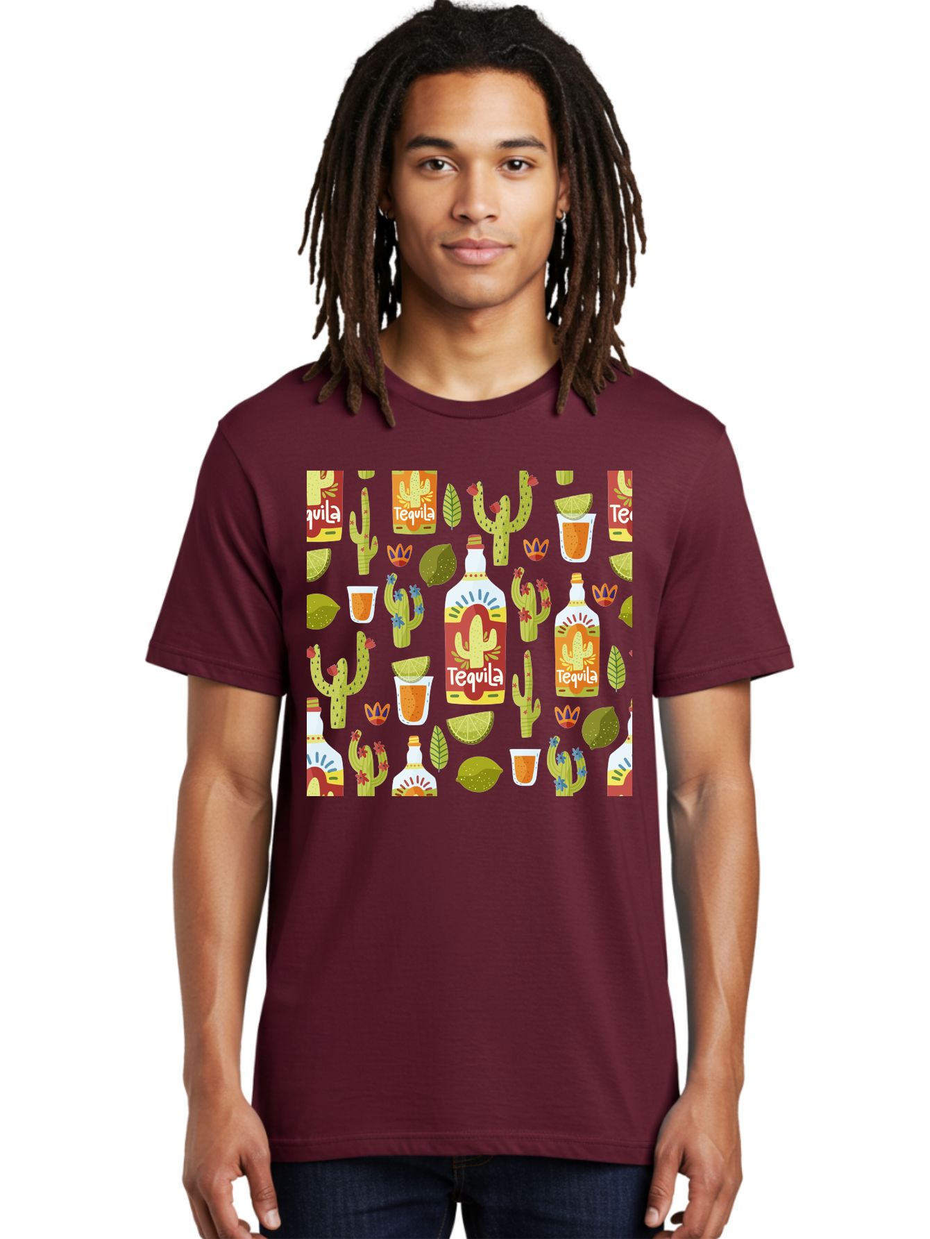 Tequila Men'S Graphic Tee, 100% Cotton, Comfortable Casual Summer Wear, Machine Washable, Tequila Bottles, Cacti Plants, Citrus Fruits, Margarita Glasses, Mexican Drinks, Festive Patterns, Vibrant Designs, Party Themes, -  Aaa304