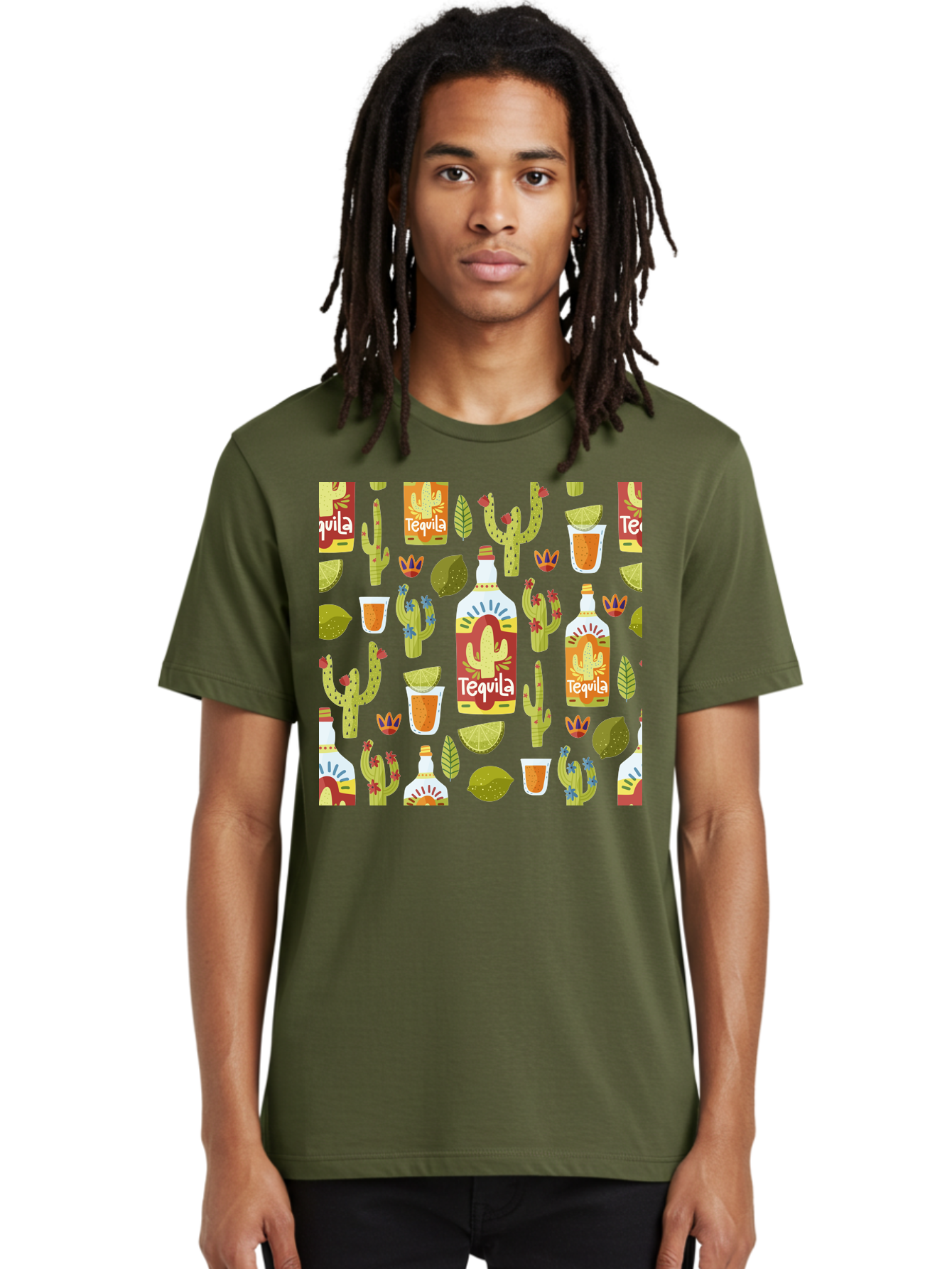 Tequila Men'S Graphic Tee, 100% Cotton, Comfortable Casual Summer Wear, Machine Washable, Tequila Bottles, Cacti Plants, Citrus Fruits, Margarita Glasses, Mexican Drinks, Festive Patterns, Vibrant Designs, Party Themes, -  Aaa304