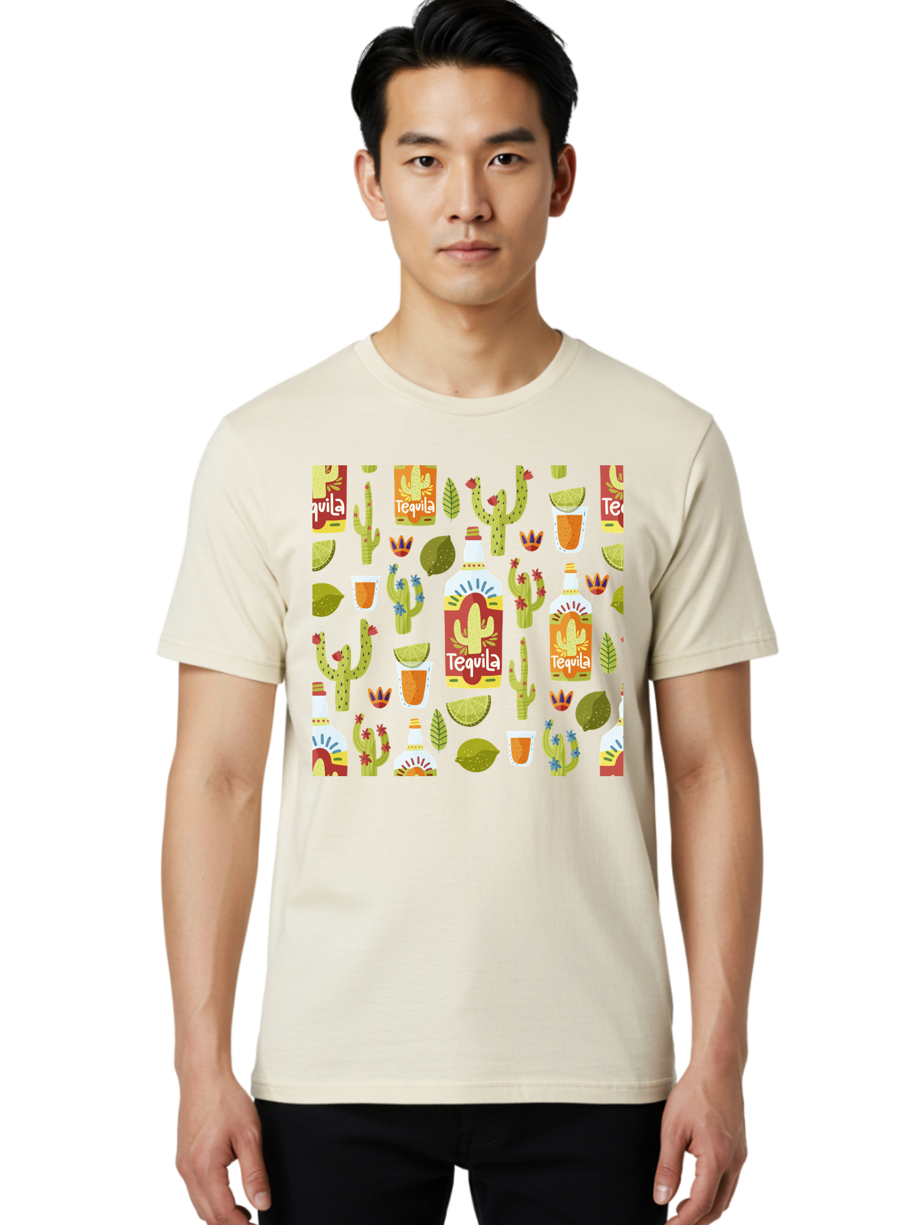 Tequila Men'S Graphic Tee, 100% Cotton, Comfortable Casual Summer Wear, Machine Washable, Tequila Bottles, Cacti Plants, Citrus Fruits, Margarita Glasses, Mexican Drinks, Festive Patterns, Vibrant Designs, Party Themes, -  Aaa304