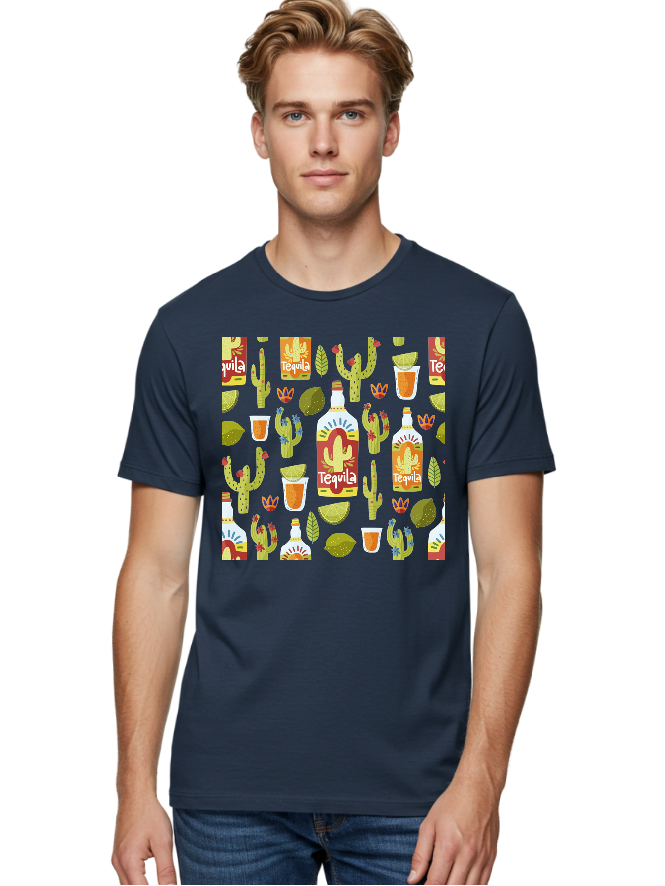 Tequila Men'S Graphic Tee, 100% Cotton, Comfortable Casual Summer Wear, Machine Washable, Tequila Bottles, Cacti Plants, Citrus Fruits, Margarita Glasses, Mexican Drinks, Festive Patterns, Vibrant Designs, Party Themes, -  Aaa304