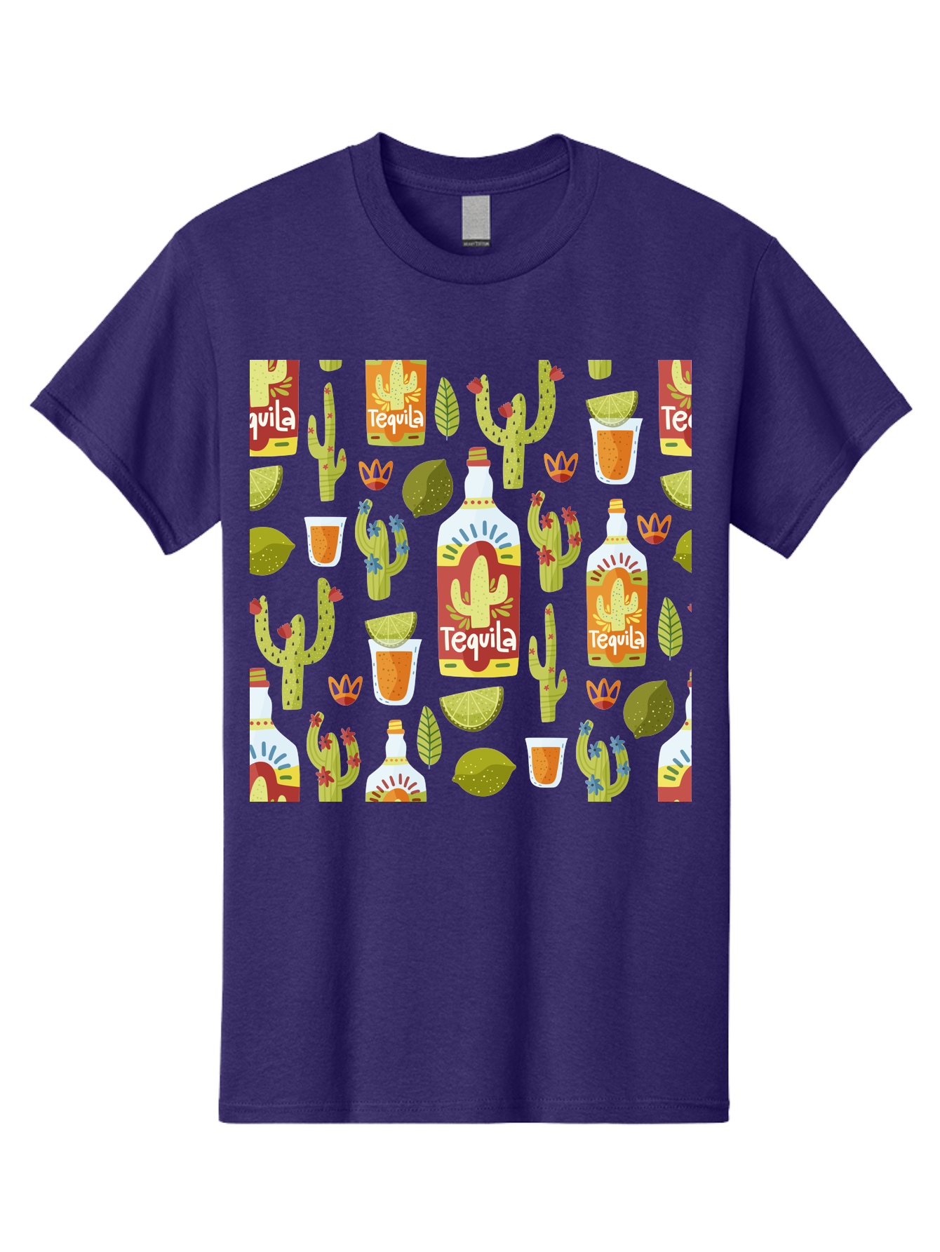 Tequila Men'S Graphic Tee, 100% Cotton, Comfortable Casual Summer Wear, Machine Washable, Tequila Bottles, Cacti Plants, Citrus Fruits, Margarita Glasses, Mexican Drinks, Festive Patterns, Vibrant Designs, Party Themes, -  Aaa304