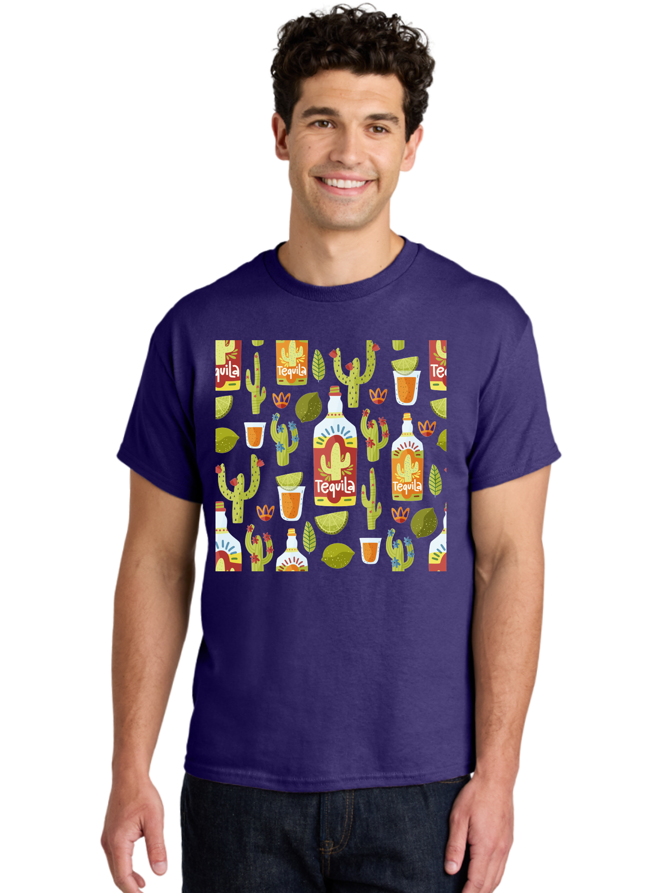 Tequila Men'S Graphic Tee, 100% Cotton, Comfortable Casual Summer Wear, Machine Washable, Tequila Bottles, Cacti Plants, Citrus Fruits, Margarita Glasses, Mexican Drinks, Festive Patterns, Vibrant Designs, Party Themes, -  Aaa304