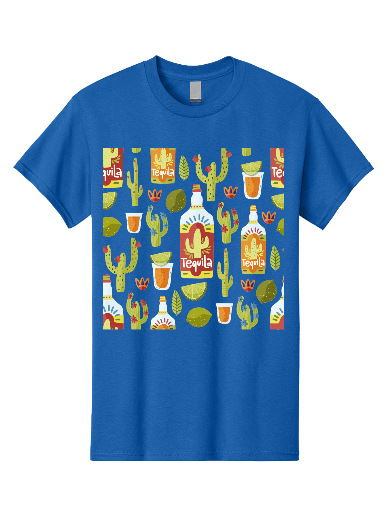 Tequila Men'S Graphic Tee, 100% Cotton, Comfortable Casual Summer Wear, Machine Washable, Tequila Bottles, Cacti Plants, Citrus Fruits, Margarita Glasses, Mexican Drinks, Festive Patterns, Vibrant Designs, Party Themes, -  Aaa304
