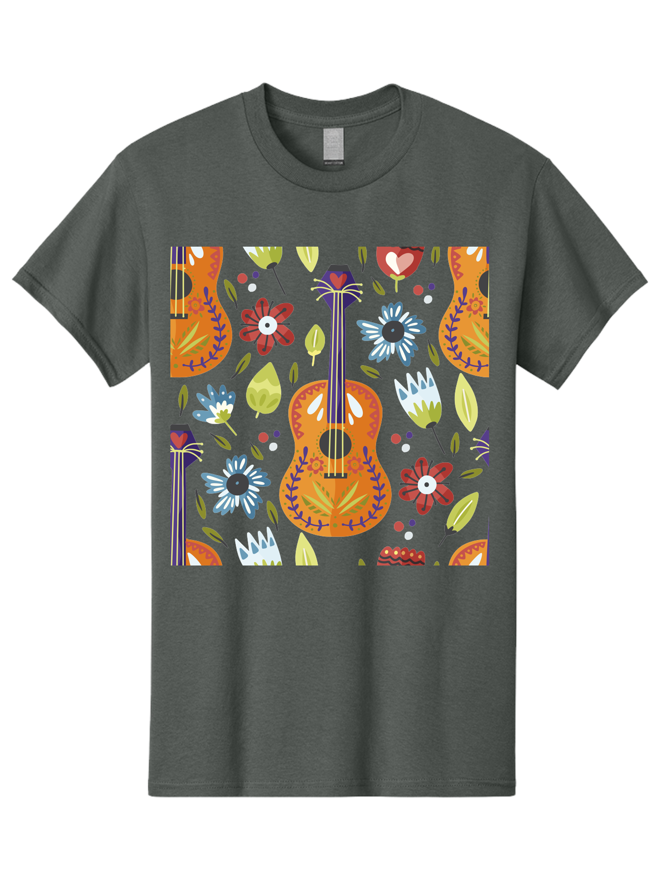 Ukulele-Floral-Pattern Men'S Graphic Tee, 100% Cotton, Comfortable Casual Summer Wear, Machine Washable, Ukulele, Floral Pattern, Flowers, Leaves, Hearts, Musical Instrument, Whimsical Design, Vibrant Colors, Playful Motifs, -  Aaa305