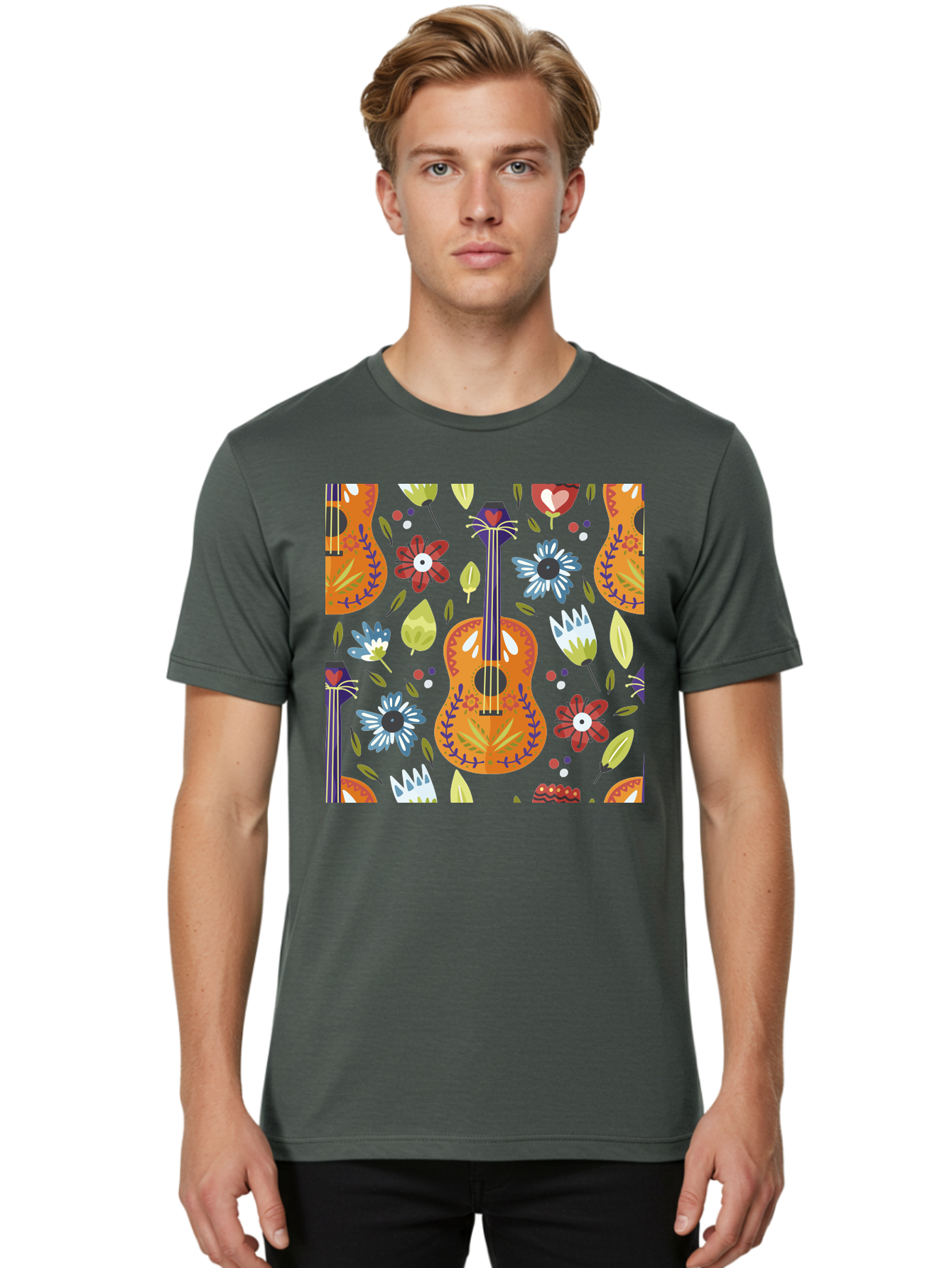 Ukulele-Floral-Pattern Men'S Graphic Tee, 100% Cotton, Comfortable Casual Summer Wear, Machine Washable, Ukulele, Floral Pattern, Flowers, Leaves, Hearts, Musical Instrument, Whimsical Design, Vibrant Colors, Playful Motifs, -  Aaa305