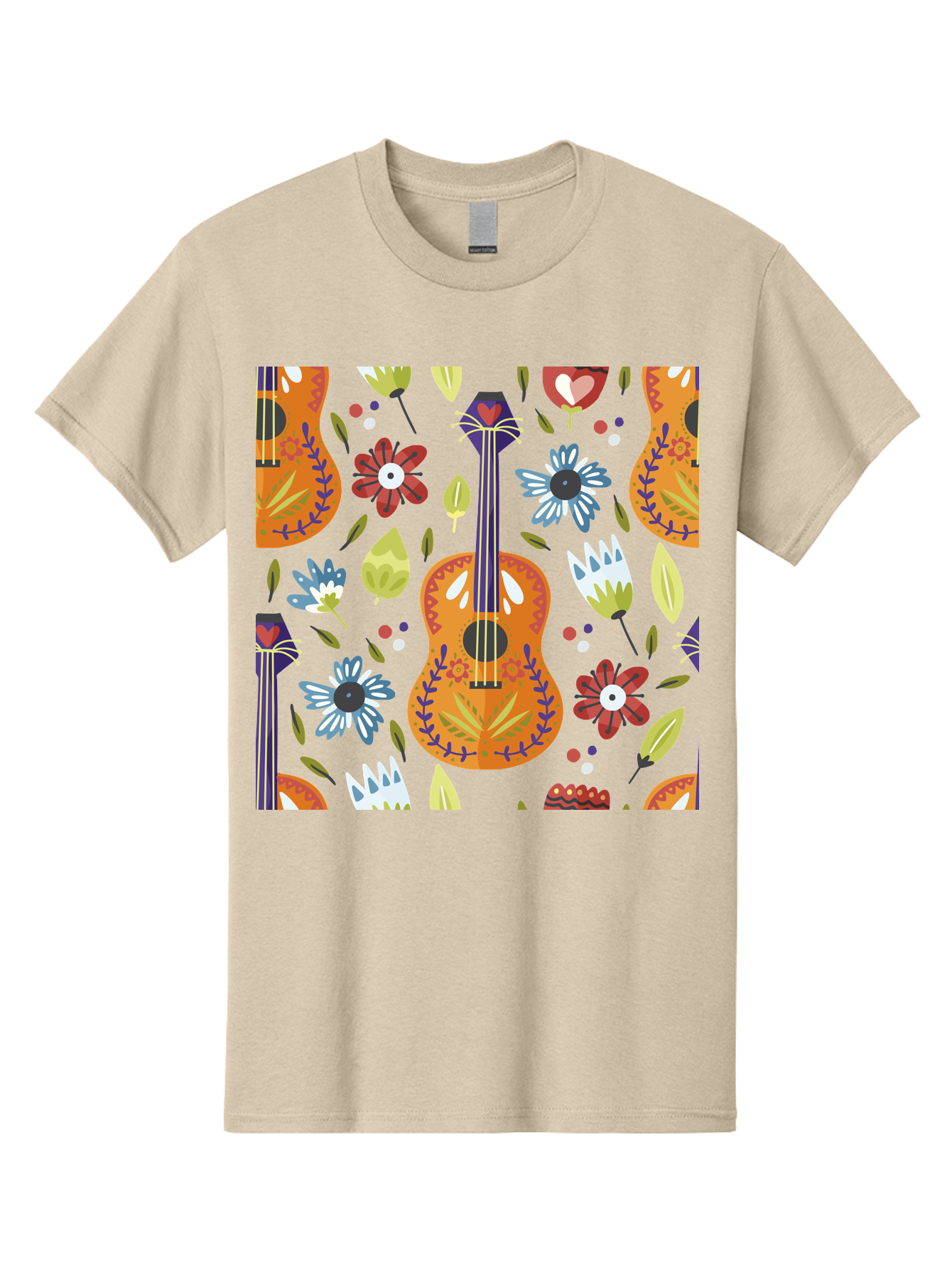 Ukulele-Floral-Pattern Men'S Graphic Tee, 100% Cotton, Comfortable Casual Summer Wear, Machine Washable, Ukulele, Floral Pattern, Flowers, Leaves, Hearts, Musical Instrument, Whimsical Design, Vibrant Colors, Playful Motifs, -  Aaa305