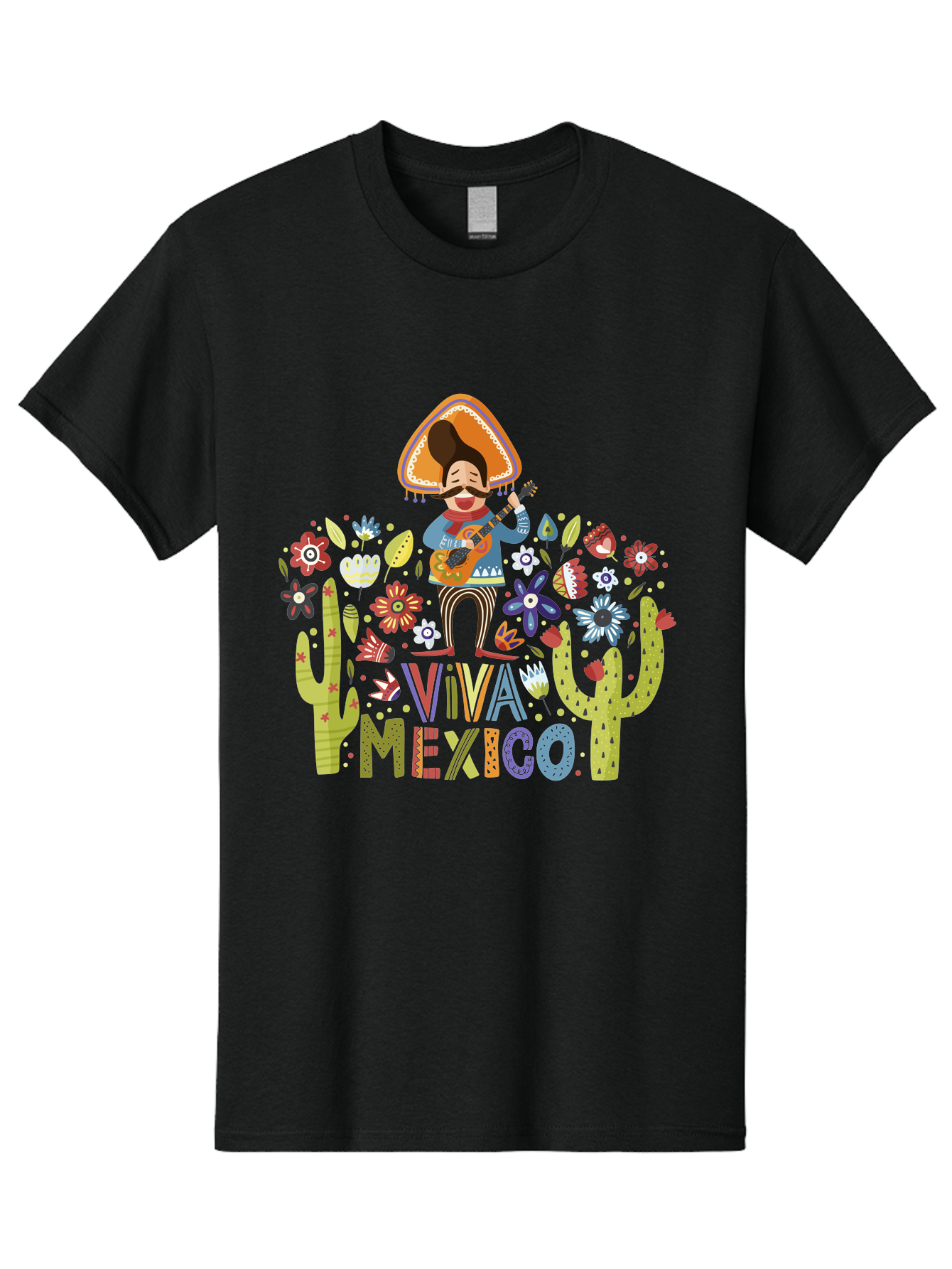 Viva-Mexico-1 Men'S Graphic Tee, 100% Cotton, Comfortable Casual Summer Wear, Machine Washable, Mexican Musician, Mariachi Playing Guitar, Festive Atmosphere, Colorful Flowers, Cacti, Cultural Heritage, Vibrant Colors, -  Aaa306