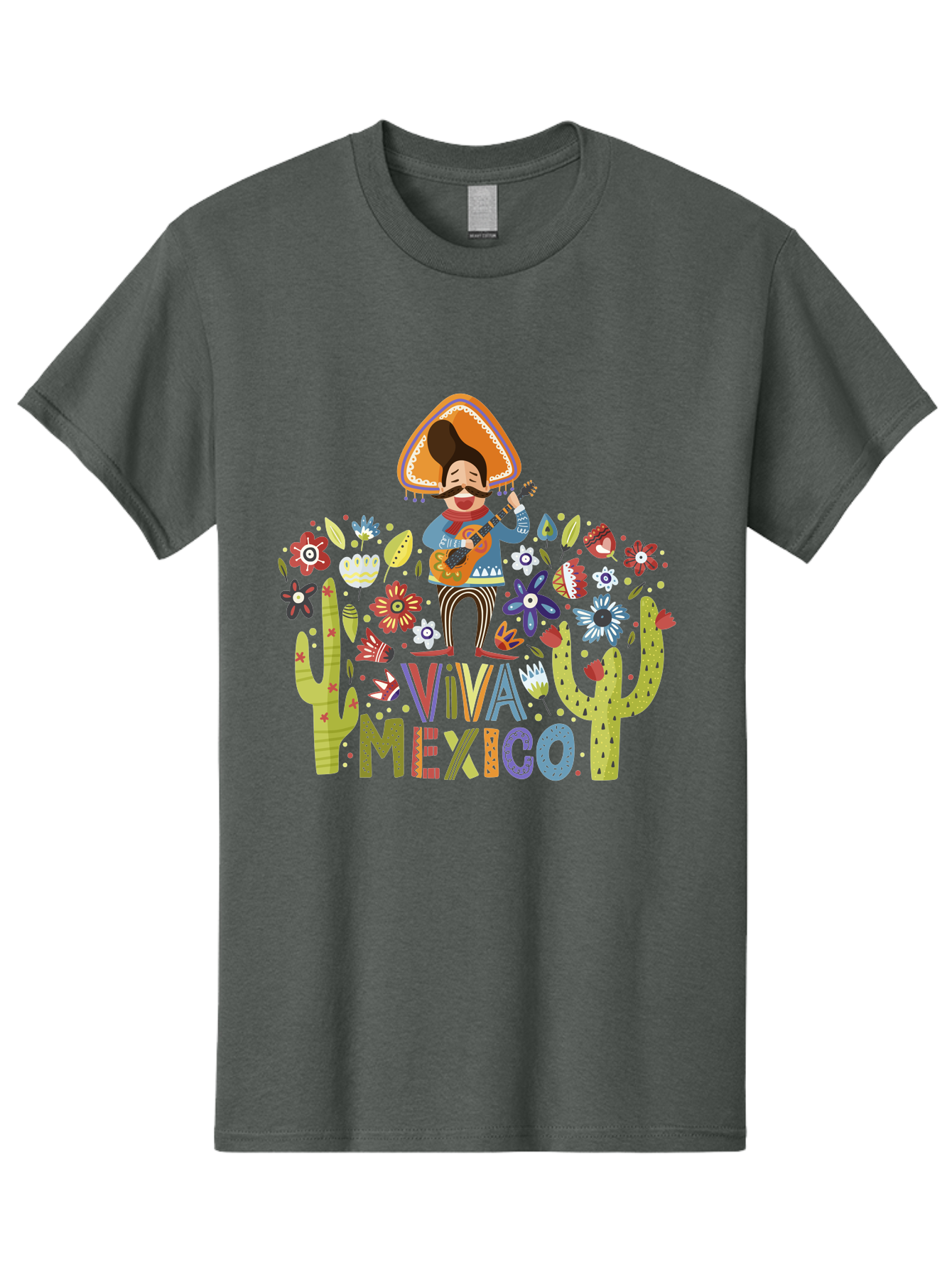 Viva-Mexico-1 Men'S Graphic Tee, 100% Cotton, Comfortable Casual Summer Wear, Machine Washable, Mexican Musician, Mariachi Playing Guitar, Festive Atmosphere, Colorful Flowers, Cacti, Cultural Heritage, Vibrant Colors, -  Aaa306