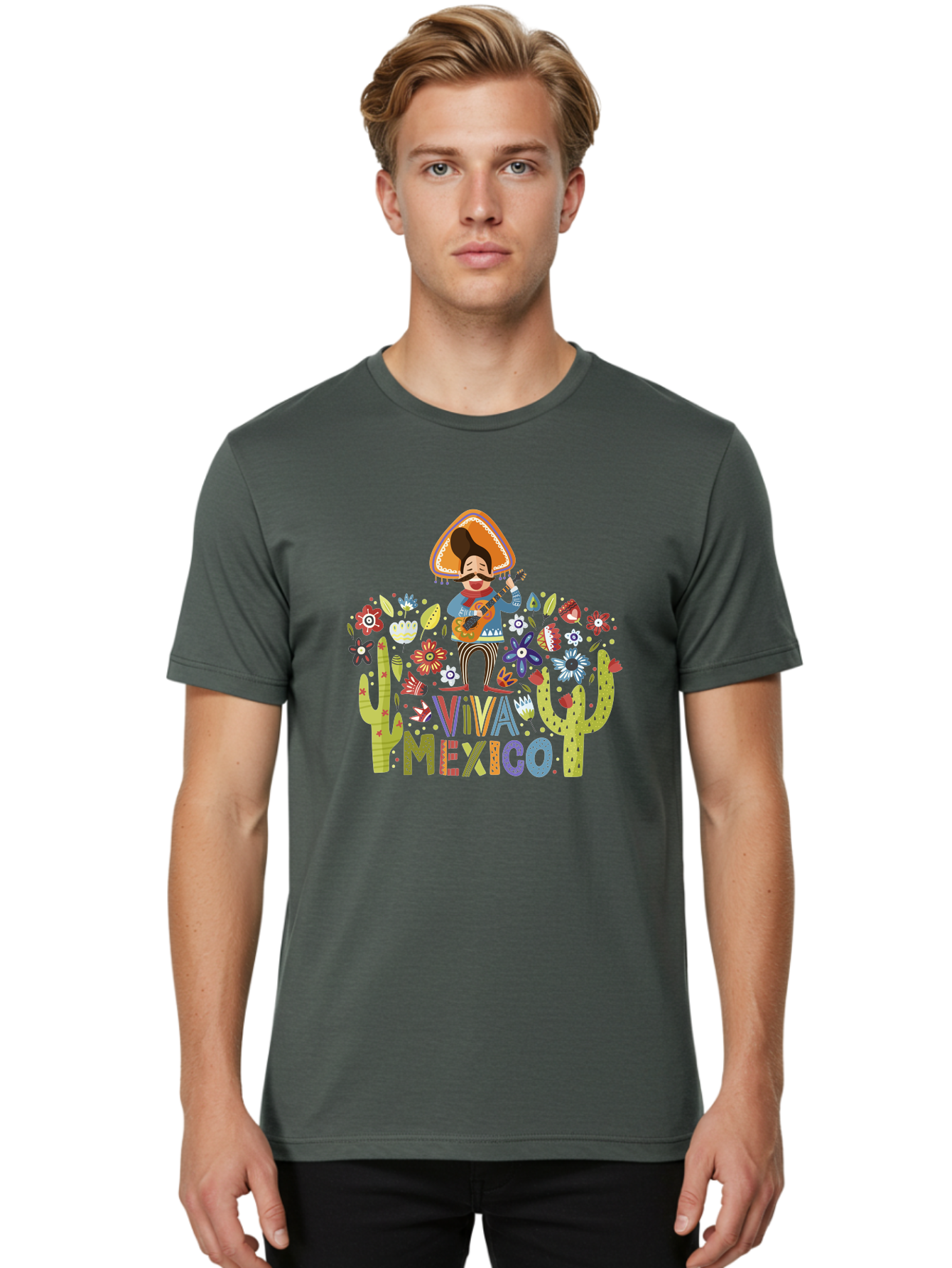 Viva-Mexico-1 Men'S Graphic Tee, 100% Cotton, Comfortable Casual Summer Wear, Machine Washable, Mexican Musician, Mariachi Playing Guitar, Festive Atmosphere, Colorful Flowers, Cacti, Cultural Heritage, Vibrant Colors, -  Aaa306