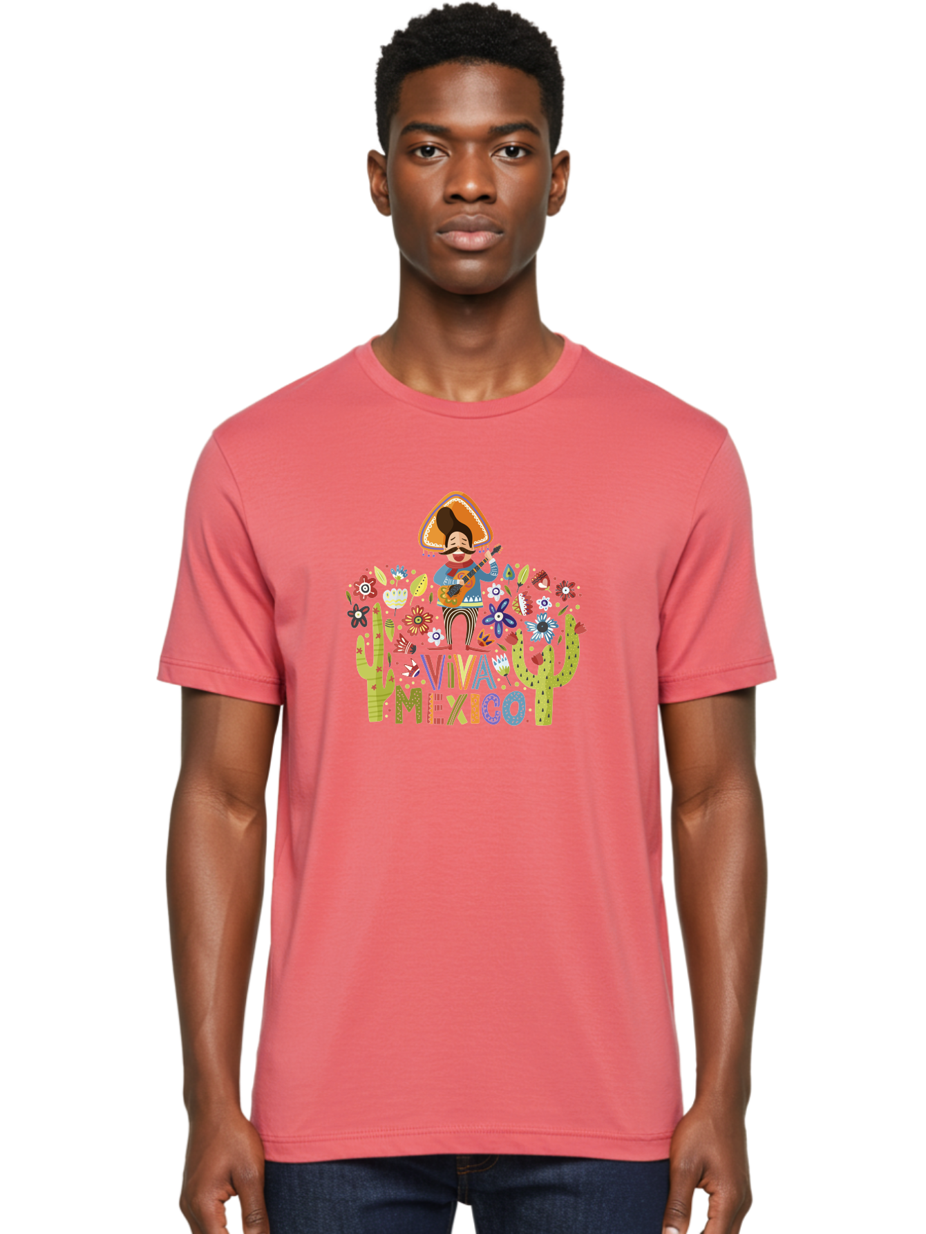 Viva-Mexico-1 Men'S Graphic Tee, 100% Cotton, Comfortable Casual Summer Wear, Machine Washable, Mexican Musician, Mariachi Playing Guitar, Festive Atmosphere, Colorful Flowers, Cacti, Cultural Heritage, Vibrant Colors, -  Aaa306