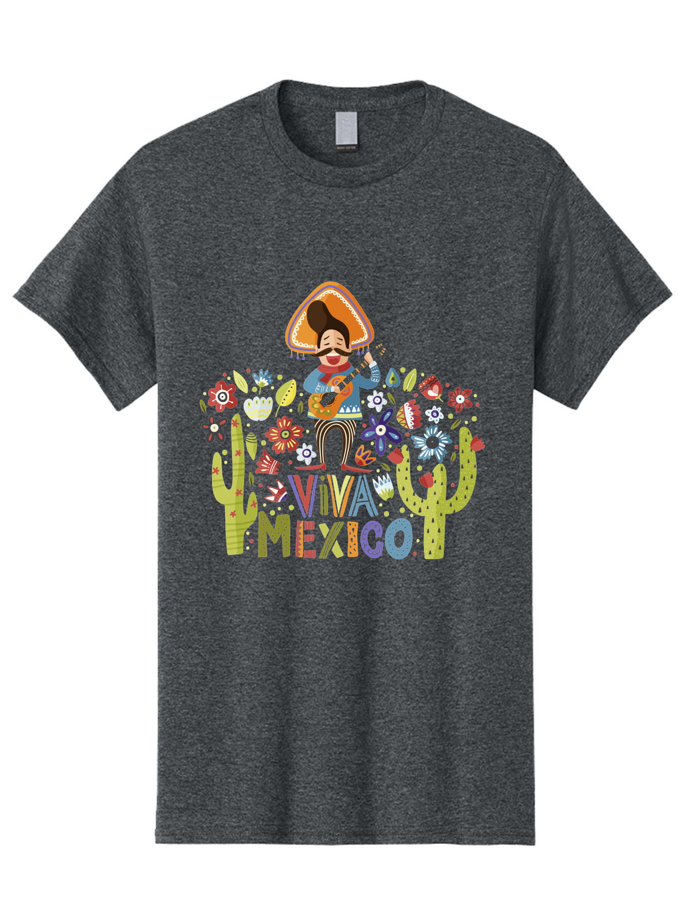 Viva-Mexico-1 Men'S Graphic Tee, 100% Cotton, Comfortable Casual Summer Wear, Machine Washable, Mexican Musician, Mariachi Playing Guitar, Festive Atmosphere, Colorful Flowers, Cacti, Cultural Heritage, Vibrant Colors, -  Aaa306