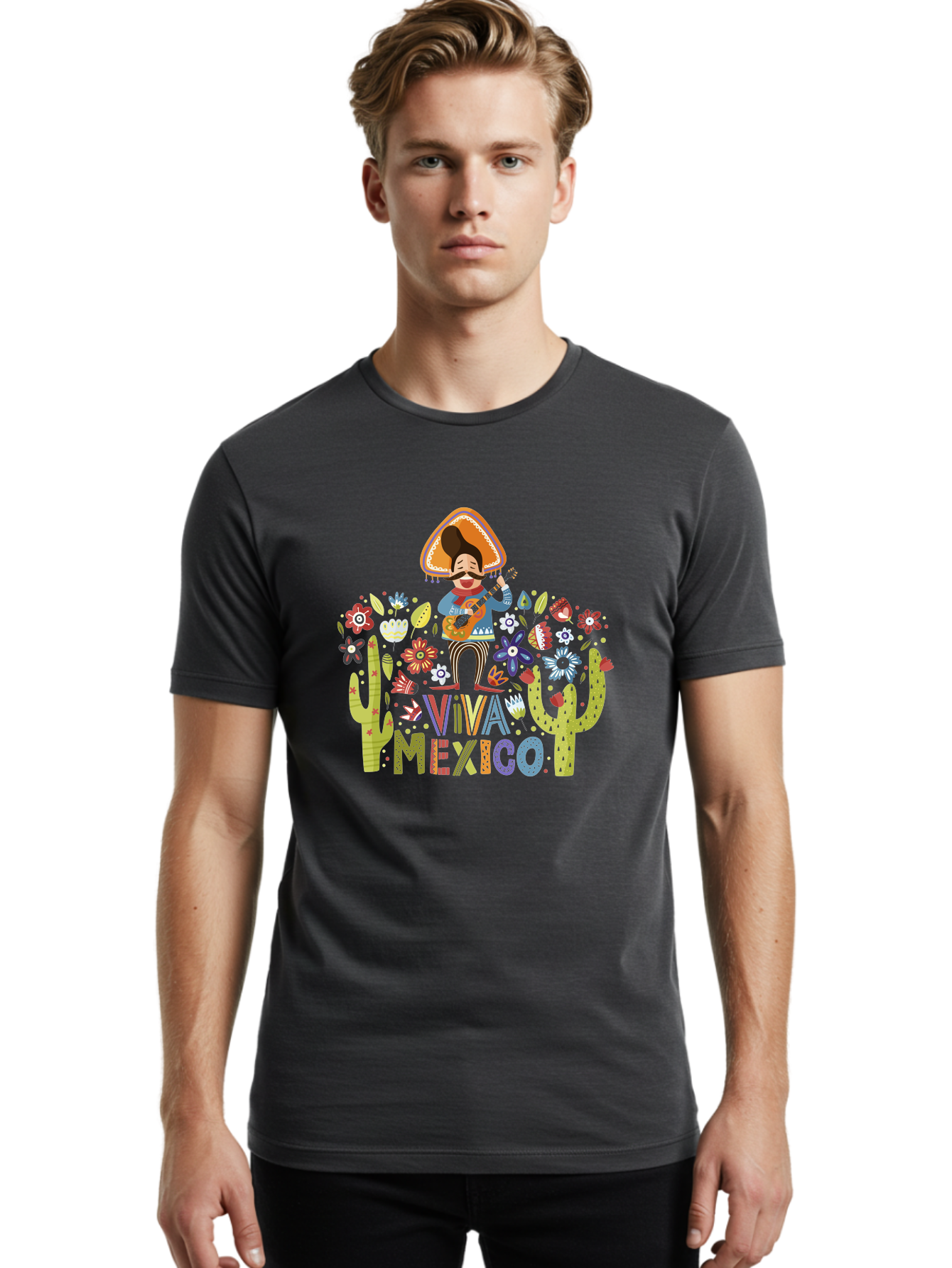 Viva-Mexico-1 Men'S Graphic Tee, 100% Cotton, Comfortable Casual Summer Wear, Machine Washable, Mexican Musician, Mariachi Playing Guitar, Festive Atmosphere, Colorful Flowers, Cacti, Cultural Heritage, Vibrant Colors, -  Aaa306