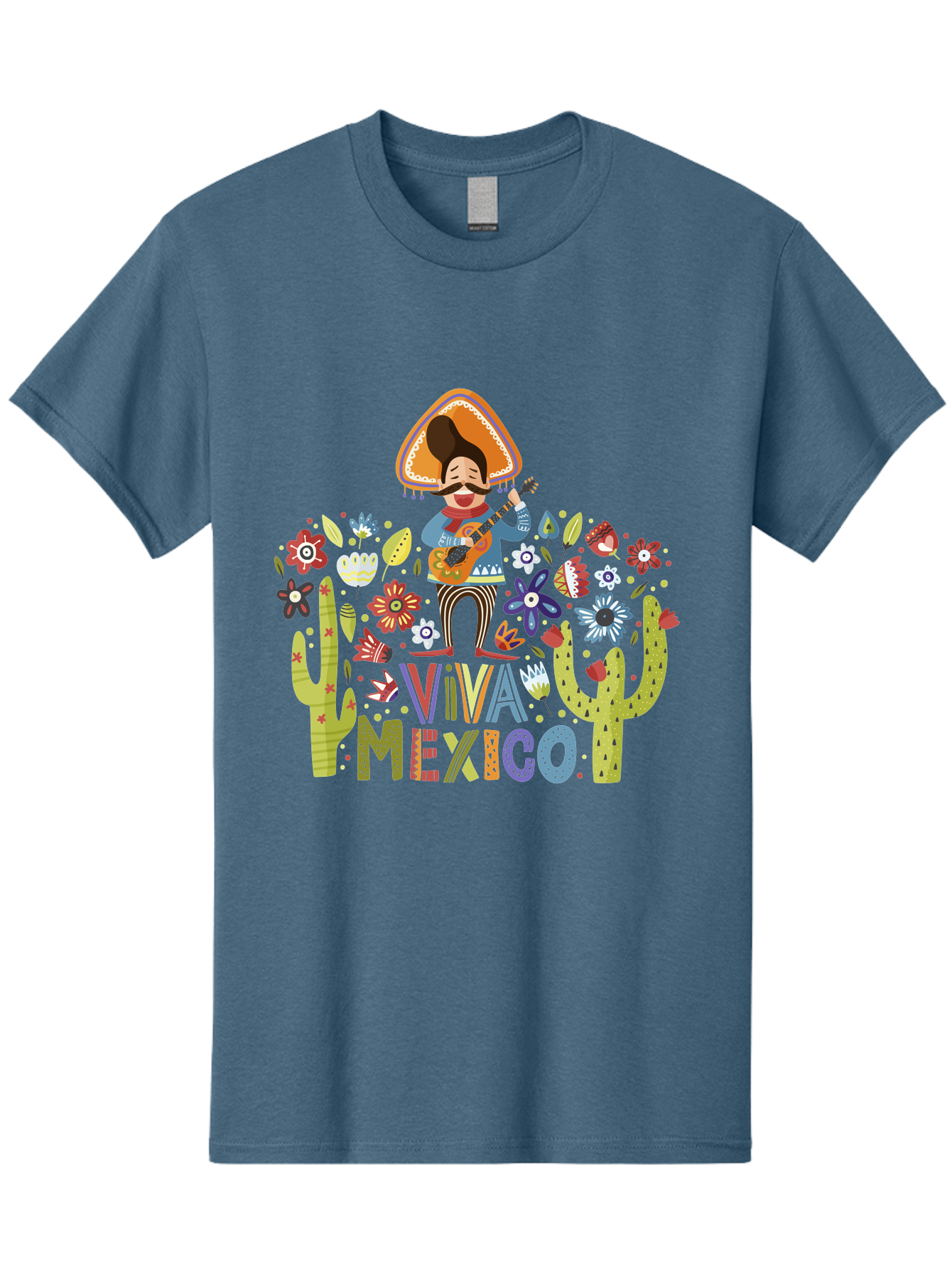 Viva-Mexico-1 Men'S Graphic Tee, 100% Cotton, Comfortable Casual Summer Wear, Machine Washable, Mexican Musician, Mariachi Playing Guitar, Festive Atmosphere, Colorful Flowers, Cacti, Cultural Heritage, Vibrant Colors, -  Aaa306