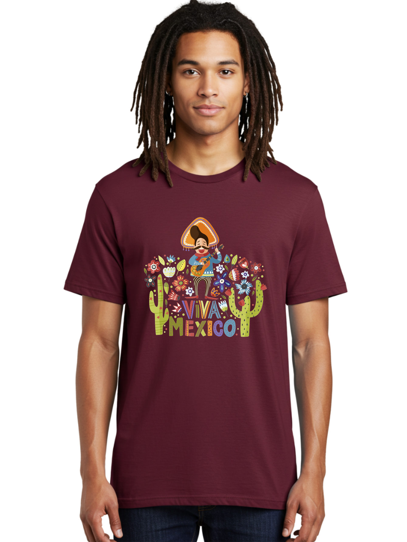 Viva-Mexico-1 Men'S Graphic Tee, 100% Cotton, Comfortable Casual Summer Wear, Machine Washable, Mexican Musician, Mariachi Playing Guitar, Festive Atmosphere, Colorful Flowers, Cacti, Cultural Heritage, Vibrant Colors, -  Aaa306