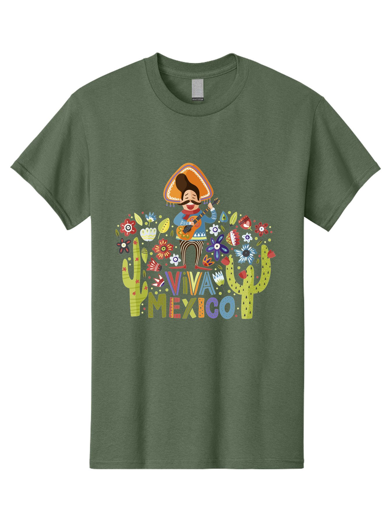 Viva-Mexico-1 Men'S Graphic Tee, 100% Cotton, Comfortable Casual Summer Wear, Machine Washable, Mexican Musician, Mariachi Playing Guitar, Festive Atmosphere, Colorful Flowers, Cacti, Cultural Heritage, Vibrant Colors, -  Aaa306